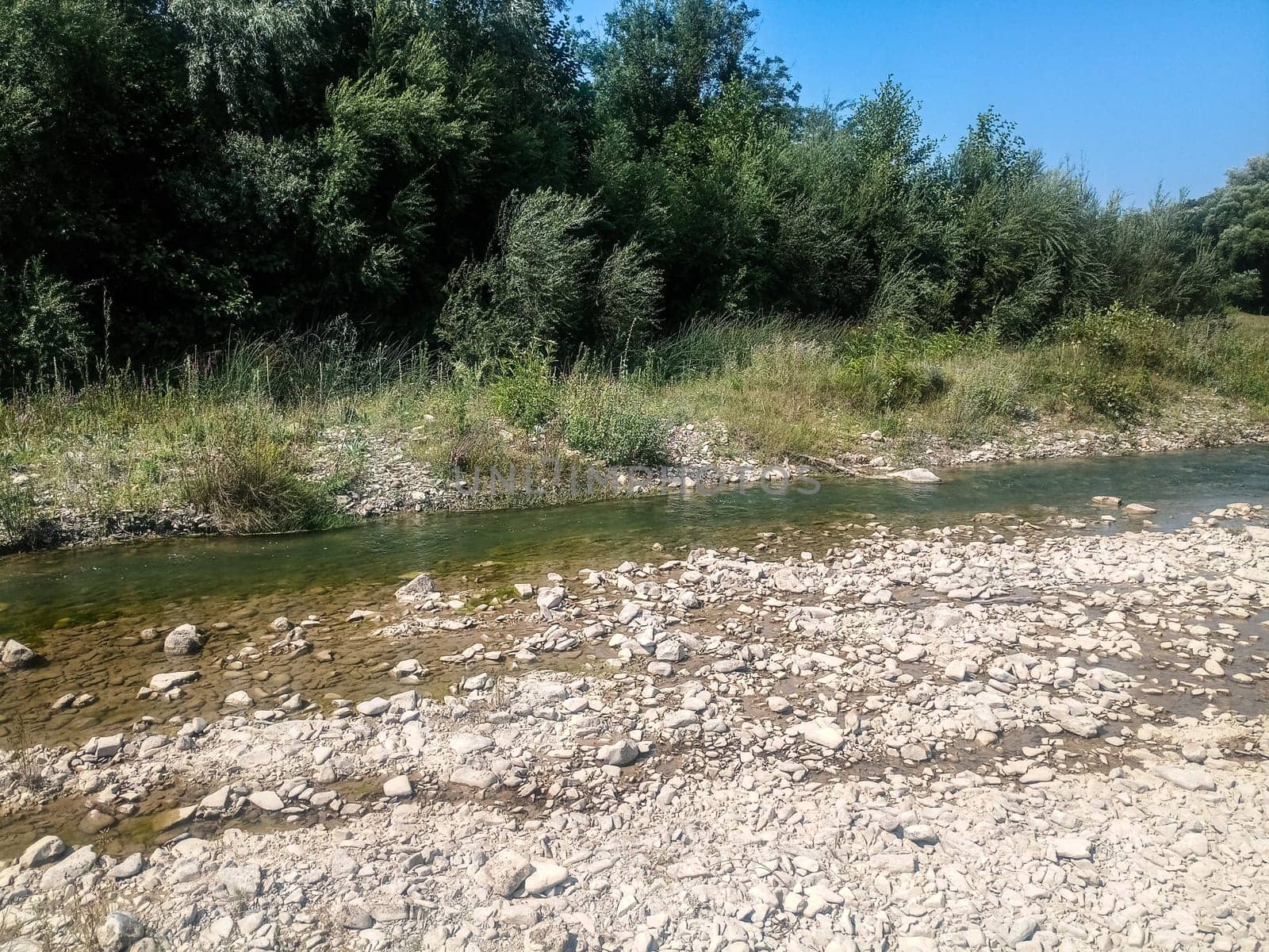 A shallow mountain river, the bottom of a mountain river of stones and gravel.