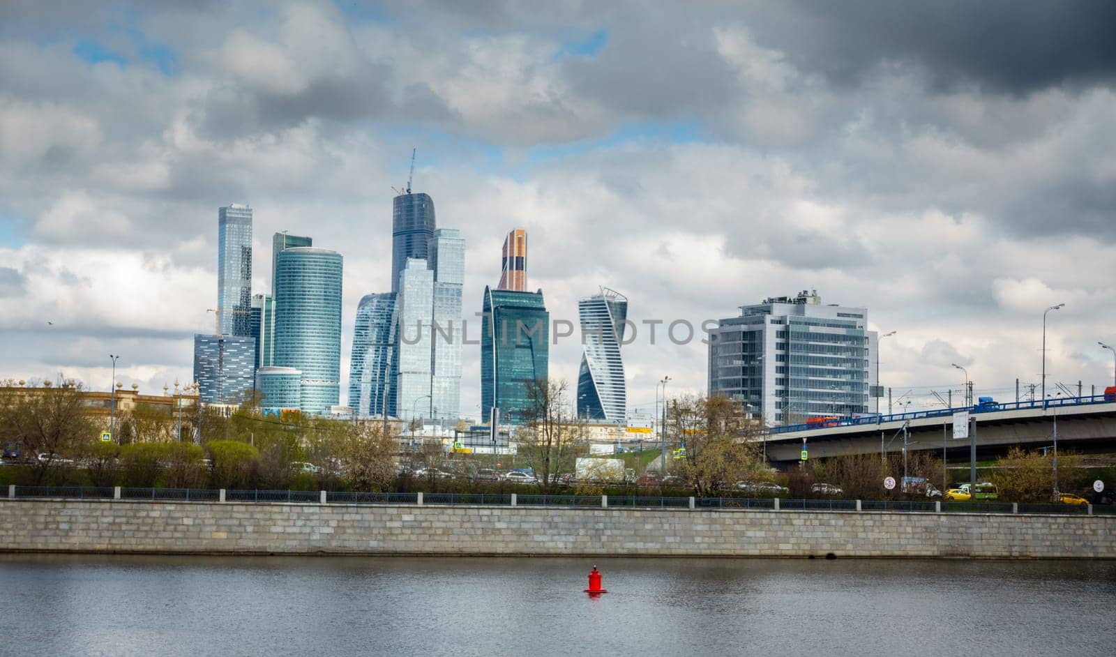 View to the modern complex of Moscow city from the Moscow River