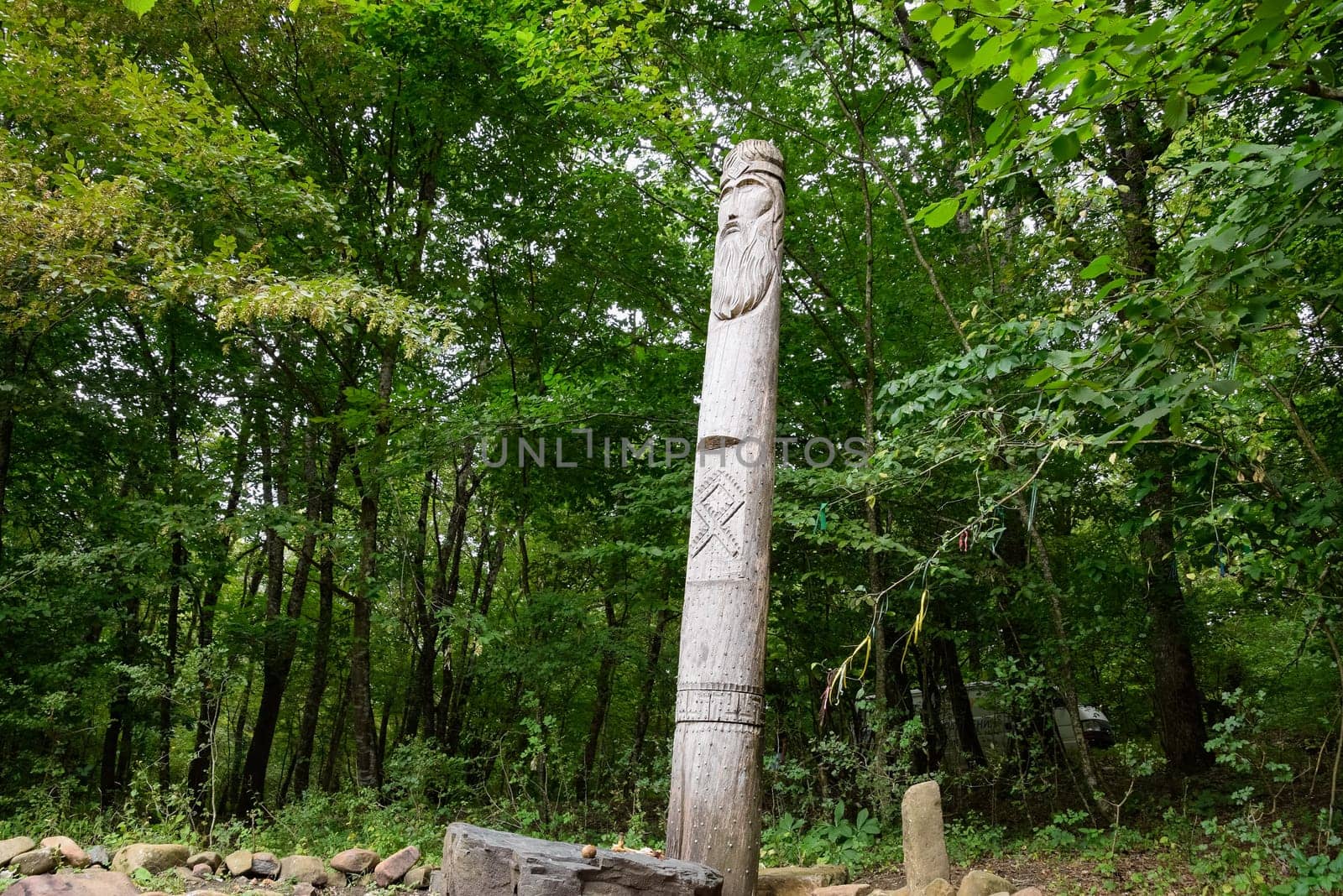 The temple of Dagboga, a pagan idol in the mountain forest of Shapsugi. Dazbog