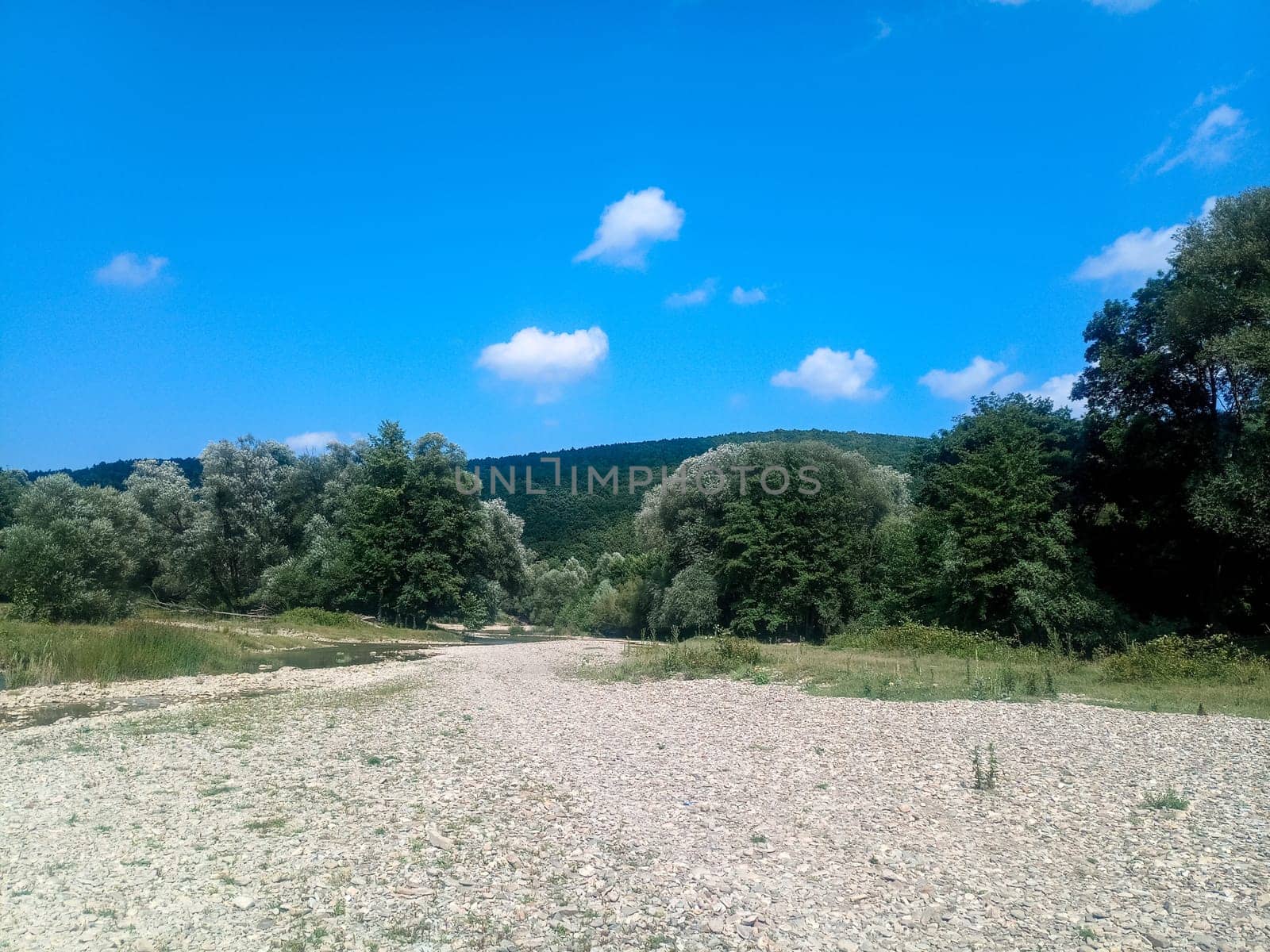 A shallow mountain river, the bottom of a mountain river of stones and gravel.