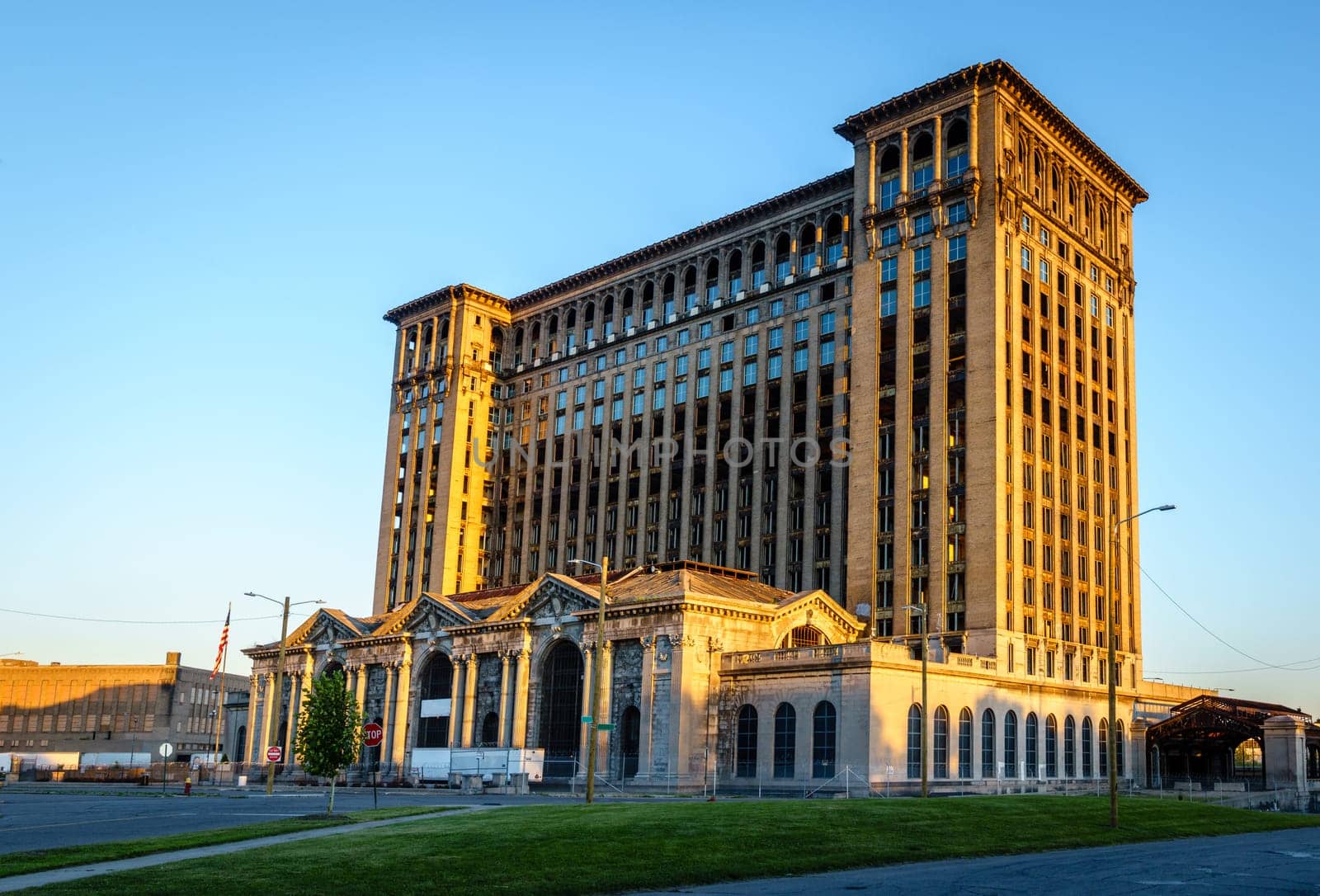 Historic Detroit Central Station building in abandonment