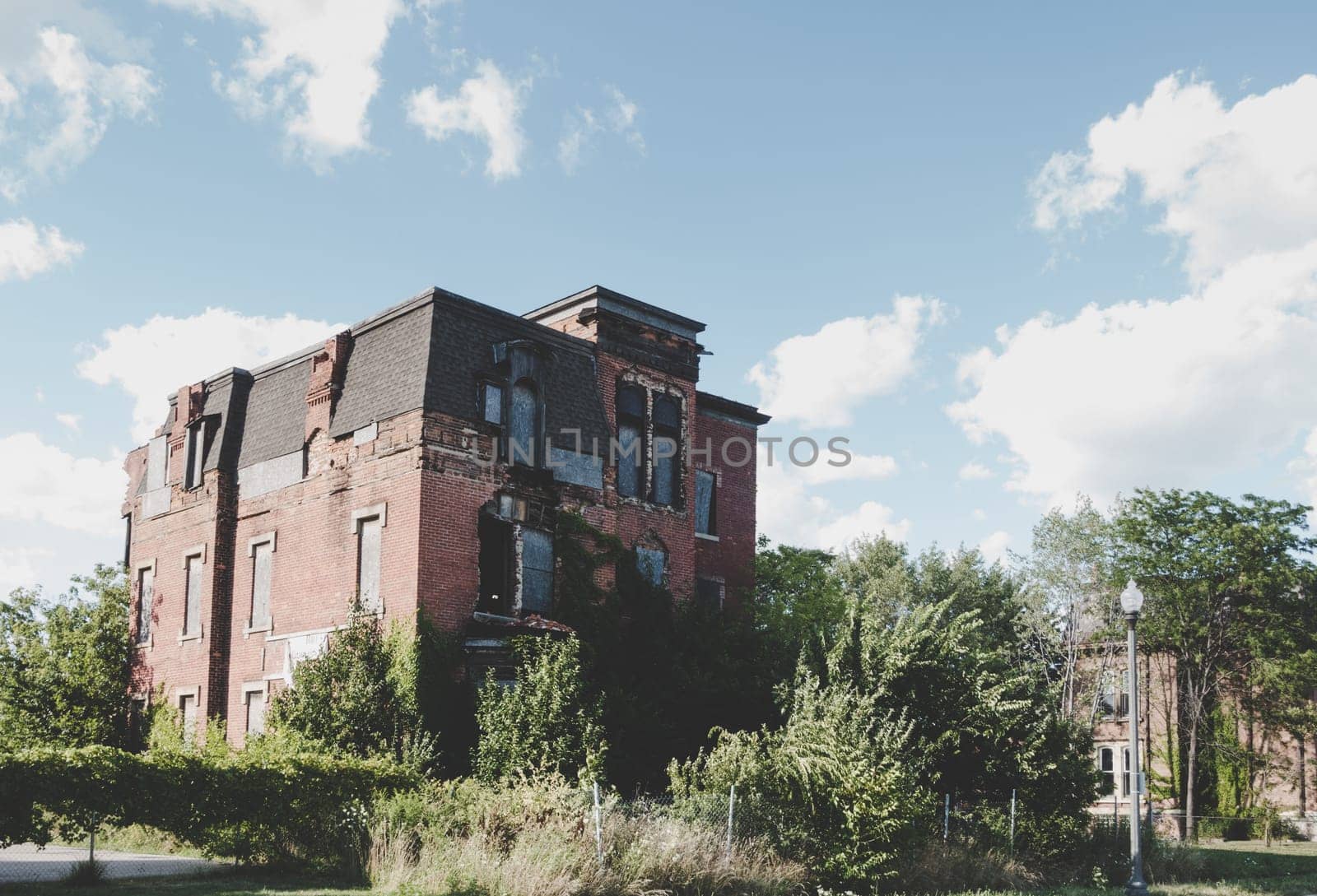 An abandoned house in the city of Detroit is taken over by plants and trees