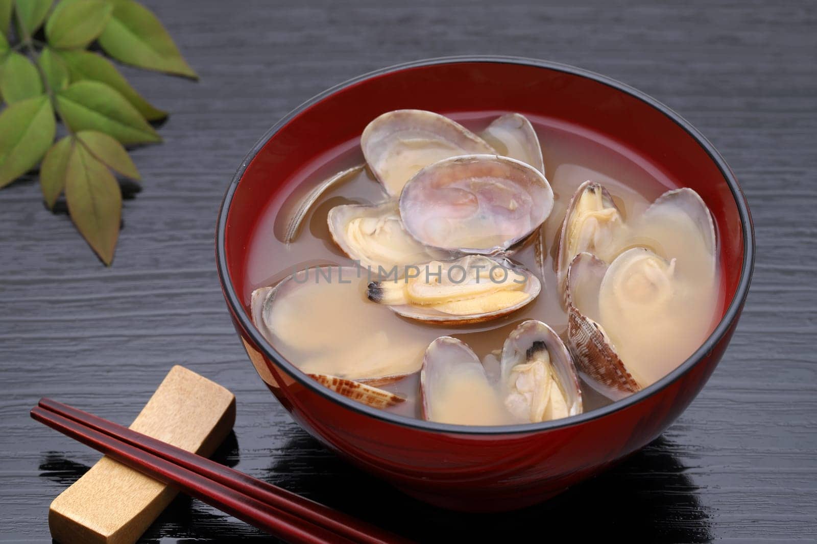 Japanese miso soup with asari clams in a bowl on black background