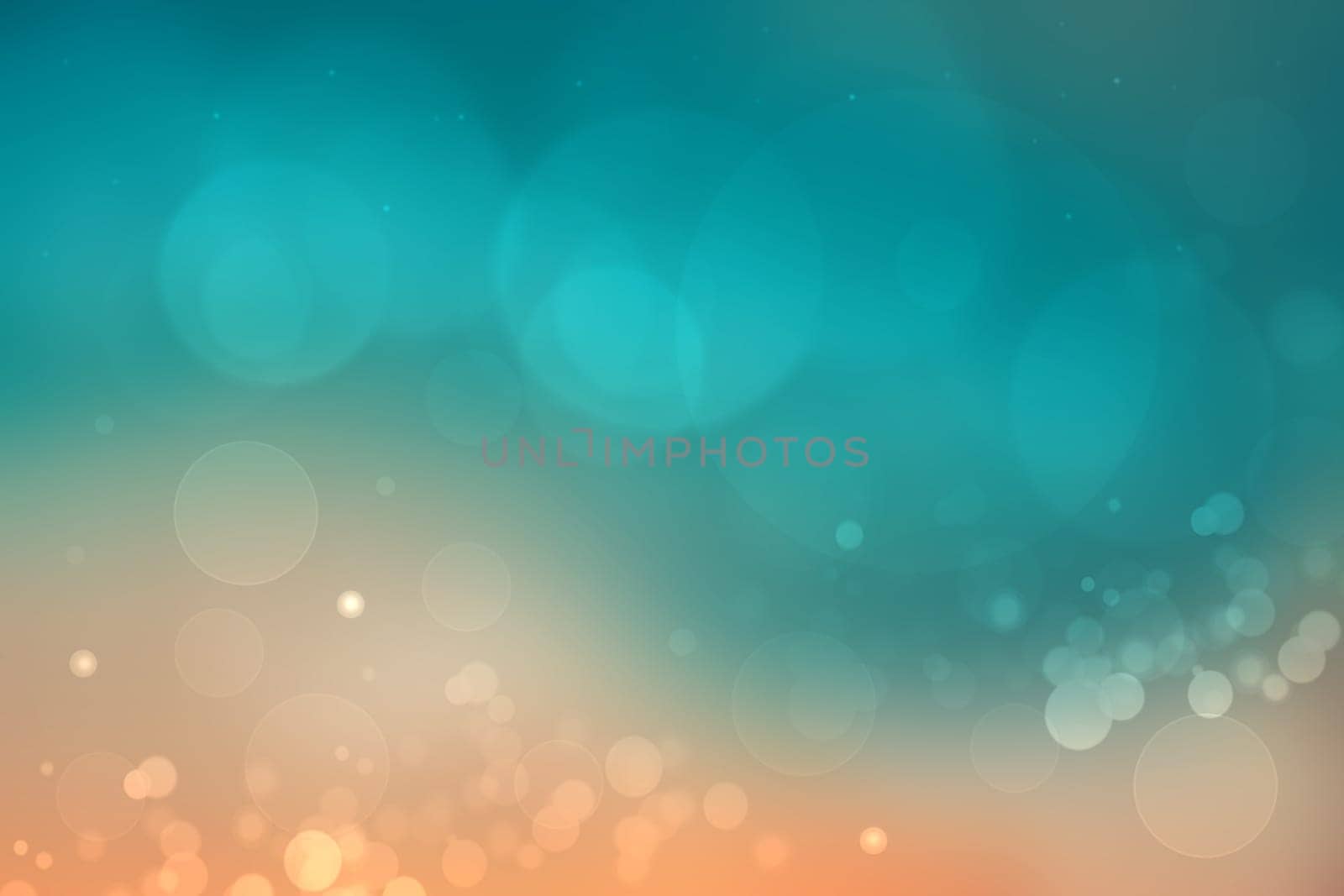 Abstract sunset illustration. Abstract evening or sunset mood background texture with orange and gold colored bokeh lights of lit fantasy city and cloudy blue sky. Beautiful sunset.