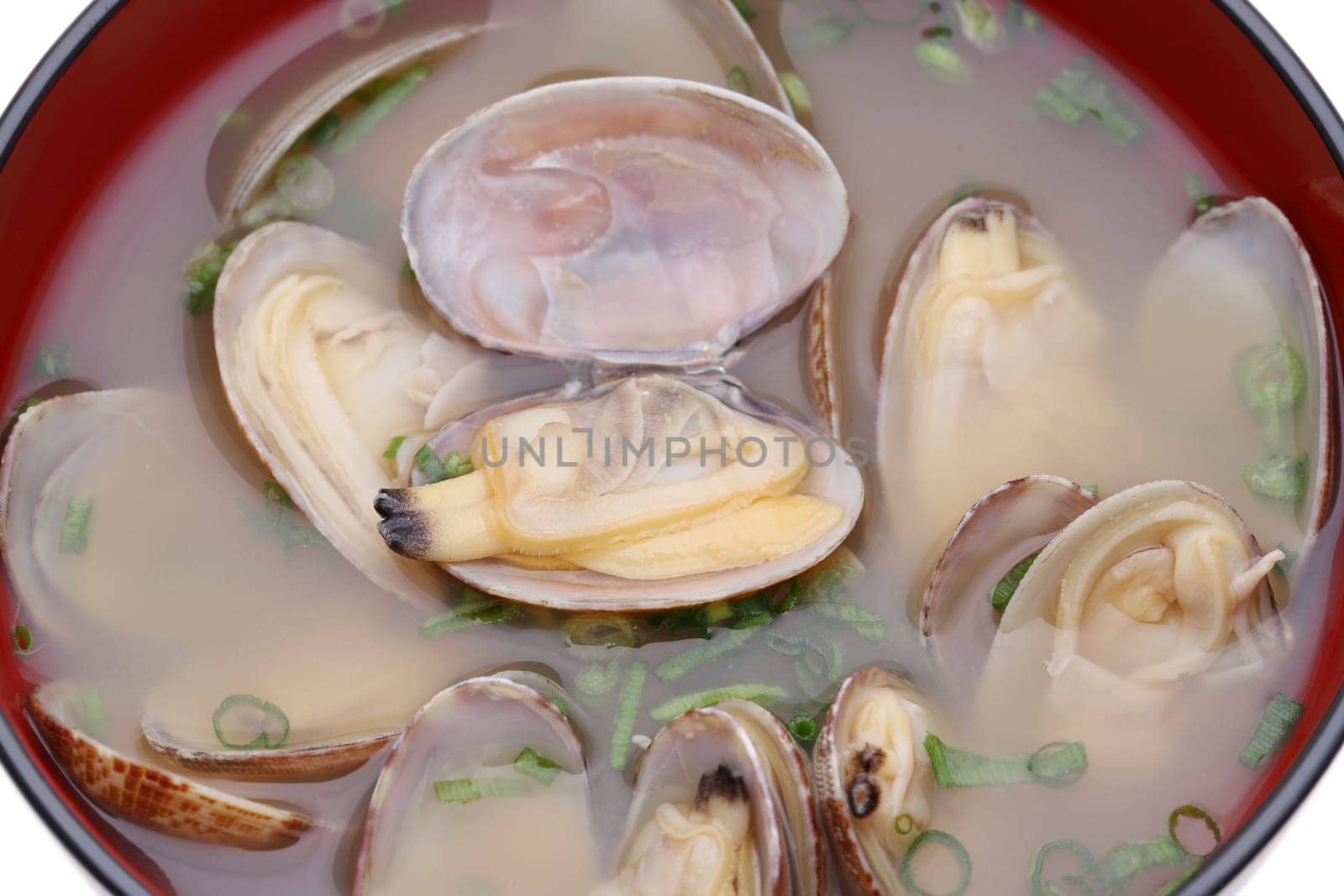 Close up of Japanese miso soup with asari clams in a bowl