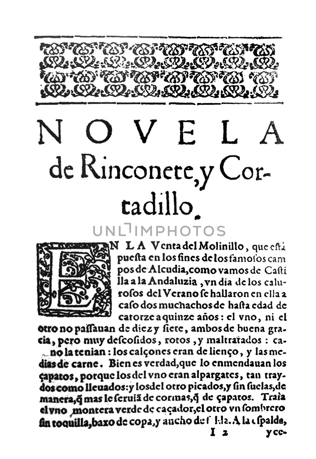 Title page of of Rinconete y Cortadillo novel by Miguel de Cervantes published in 1605. First edition