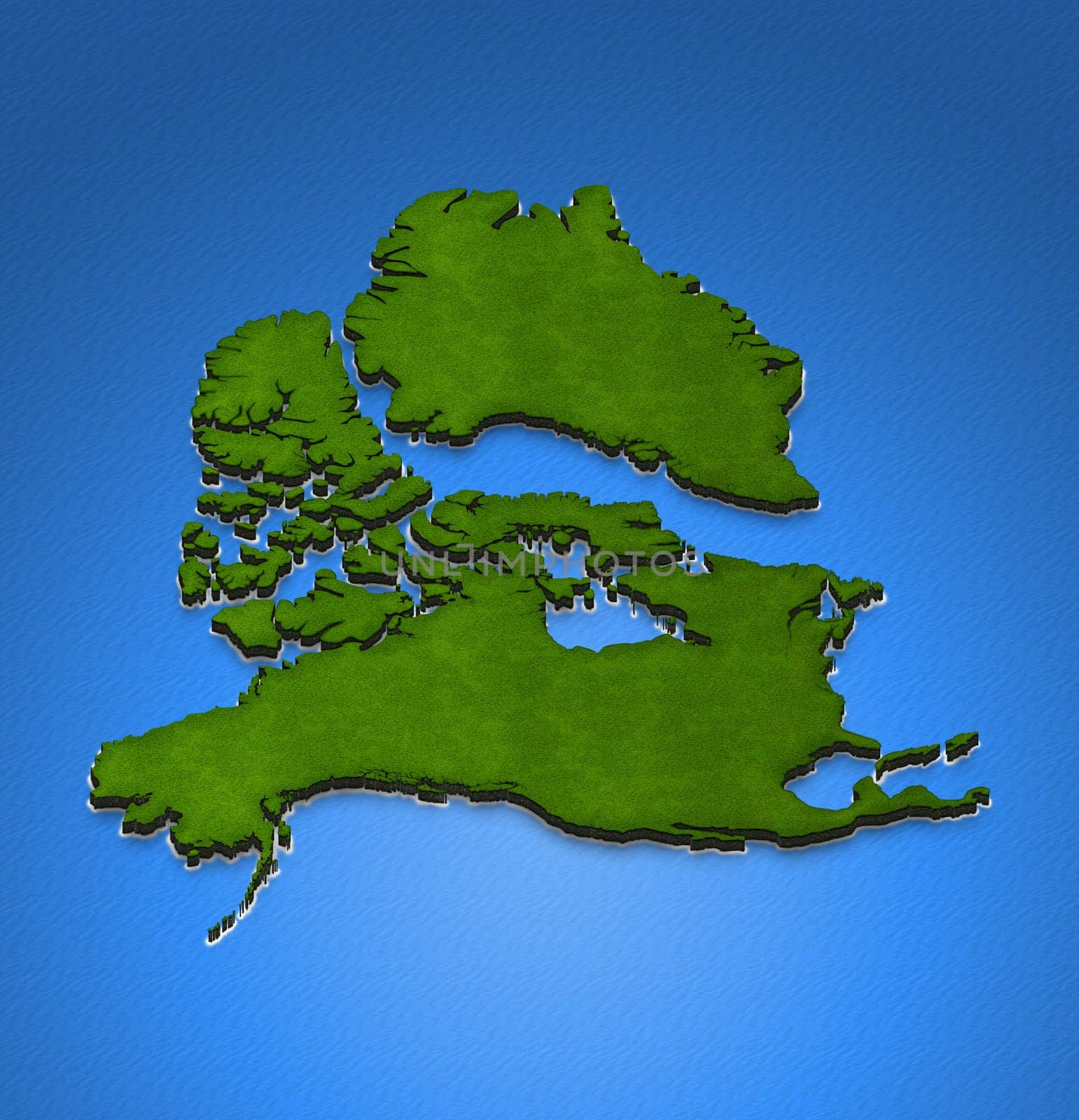 Illustration of a green ground map of North America on water background. Right 3D isometric projection.