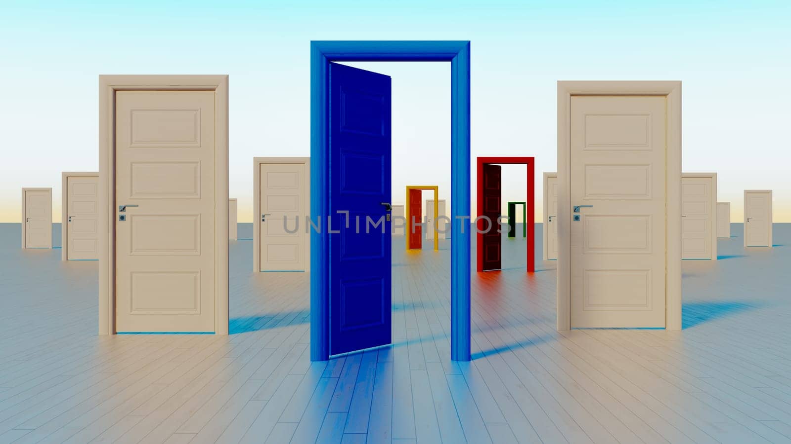colorful white, blue, red, yellow, green close and open doors to the world of opportunities realistic 3D rendering