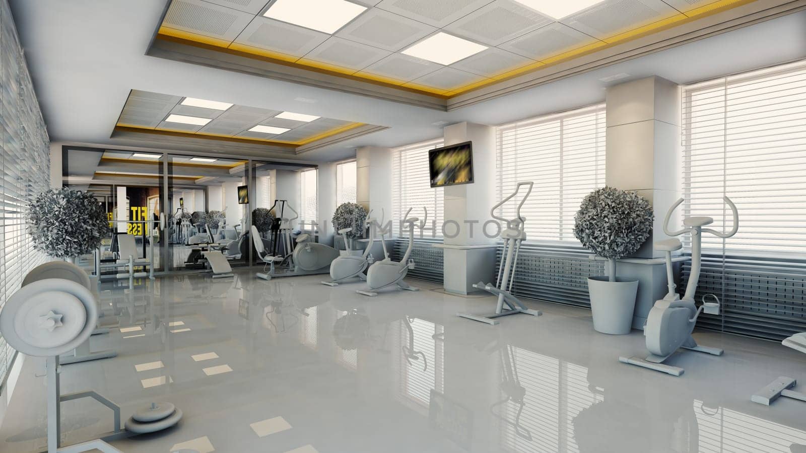 modern gym with sport equipment interior design realistic 3D rendering