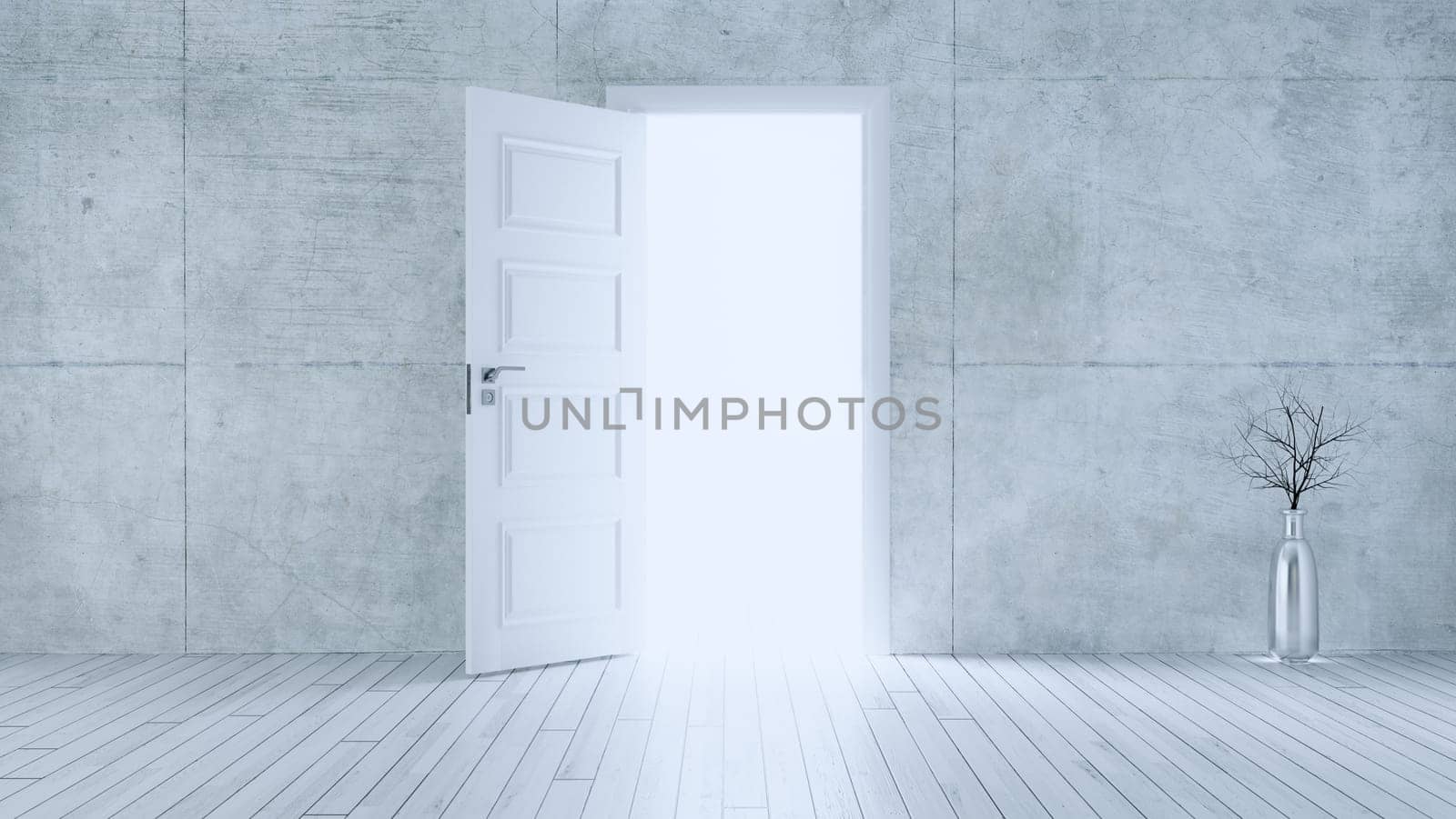 Light entering from white wooden open door to empty room with concrete wall and white wooden parquet floor realistic 3D rendering