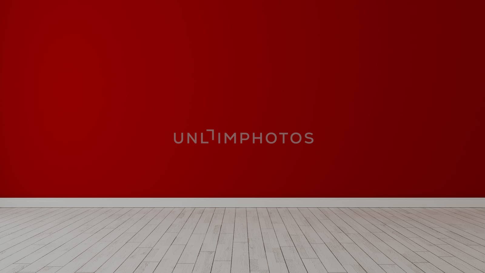 Empty room with red painted wall and white wooden floor realistic 3D rendering