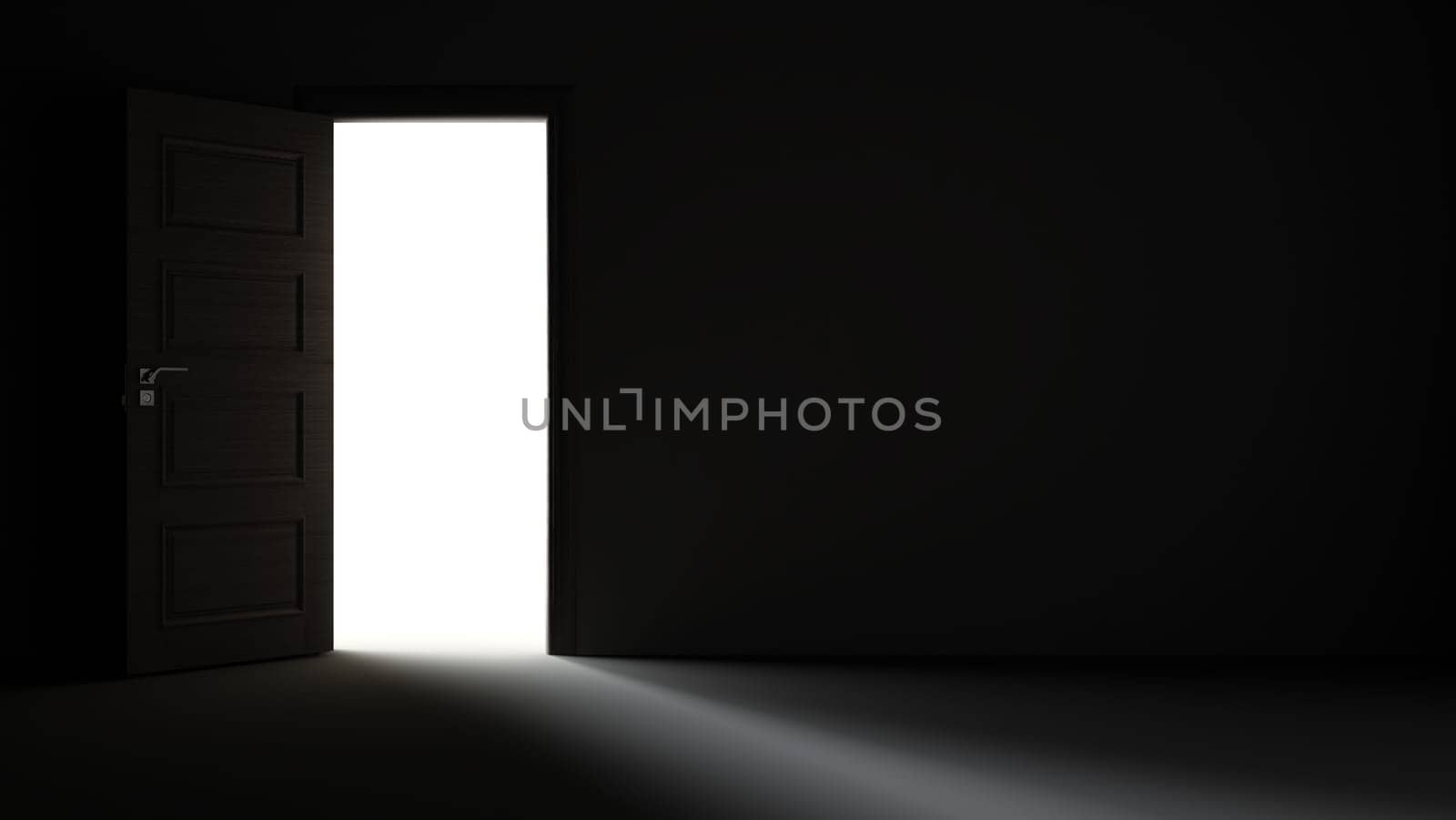 Light entering from black open door to dark room realistic 3D rendering