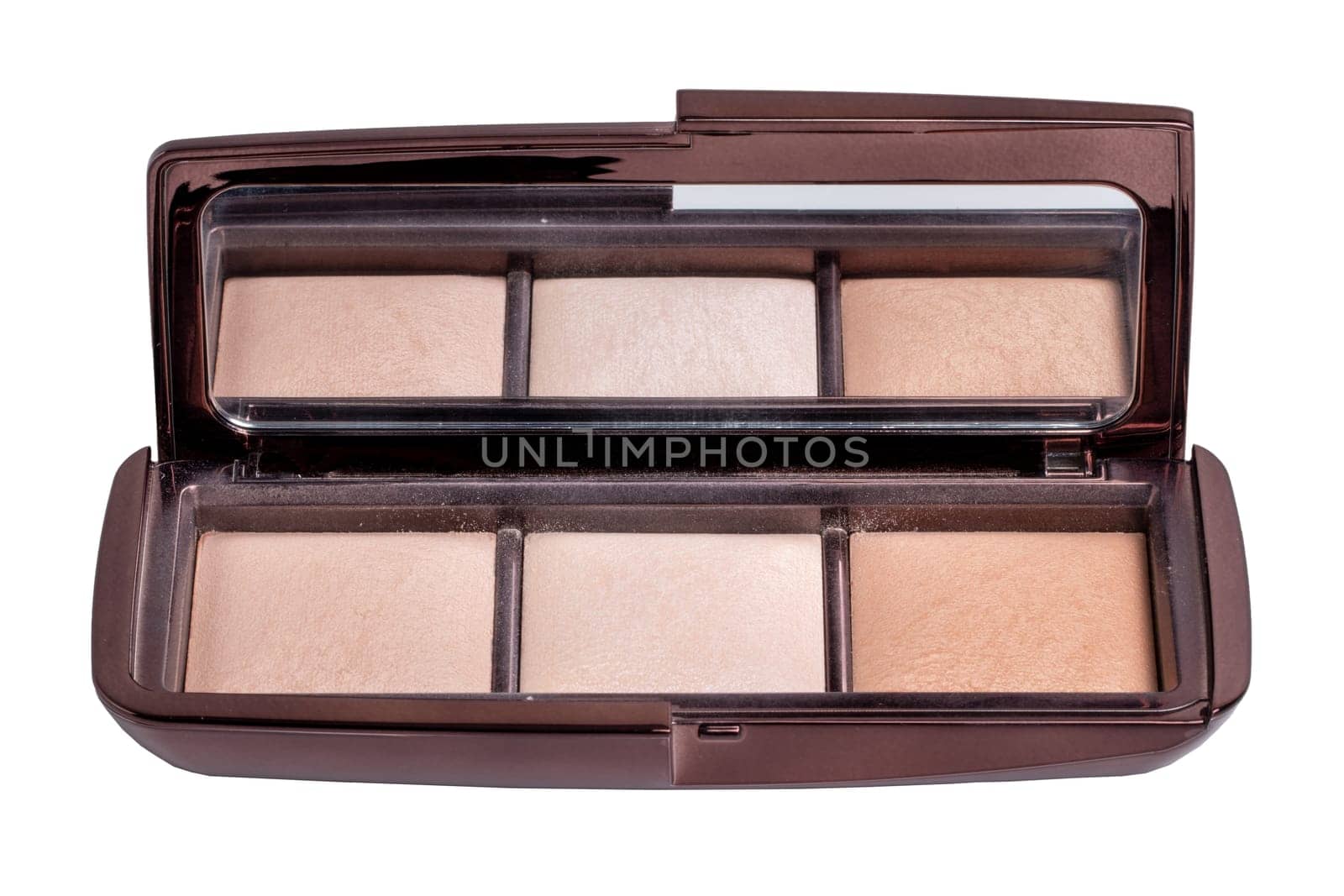 Cosmetic products isolated. Closeup of a elegant cosmetic box with cheek or face powder. Make-up isolated on a white background. Macro from a blusher or bronzer.