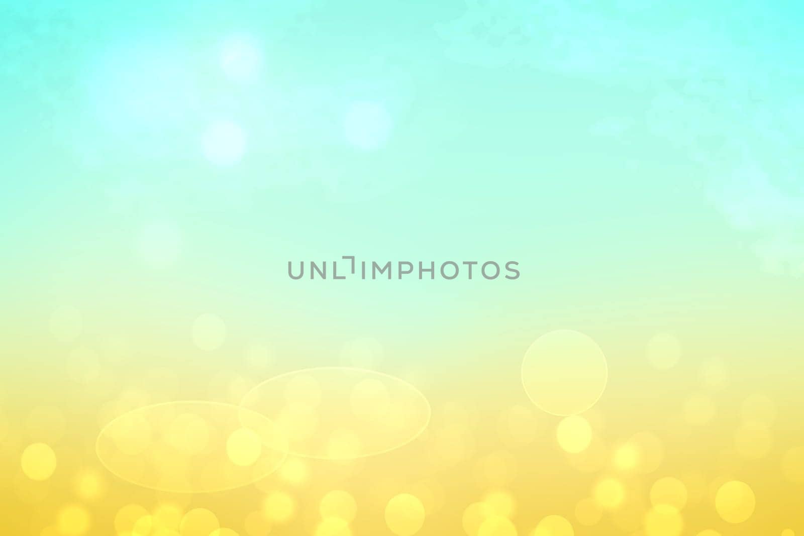 Hello spring background. Abstract bright spring or summer landscape texture with natural green yellow bokeh lights and sunshine on blue sky. Beautiful backdrop with space.