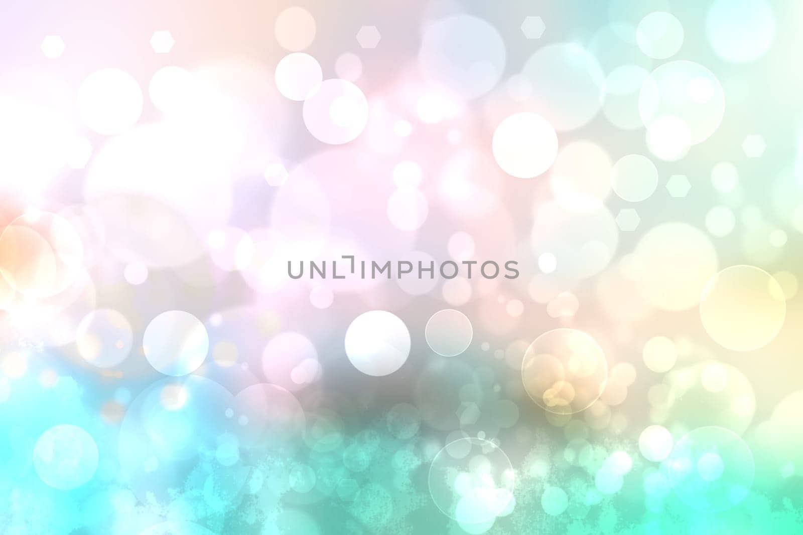 Abstract blurred fresh vivid spring summer light delicate turquoise pink pastel bokeh background texture with bright circular soft color lights. Card concept. Beautiful backdrop illustration.