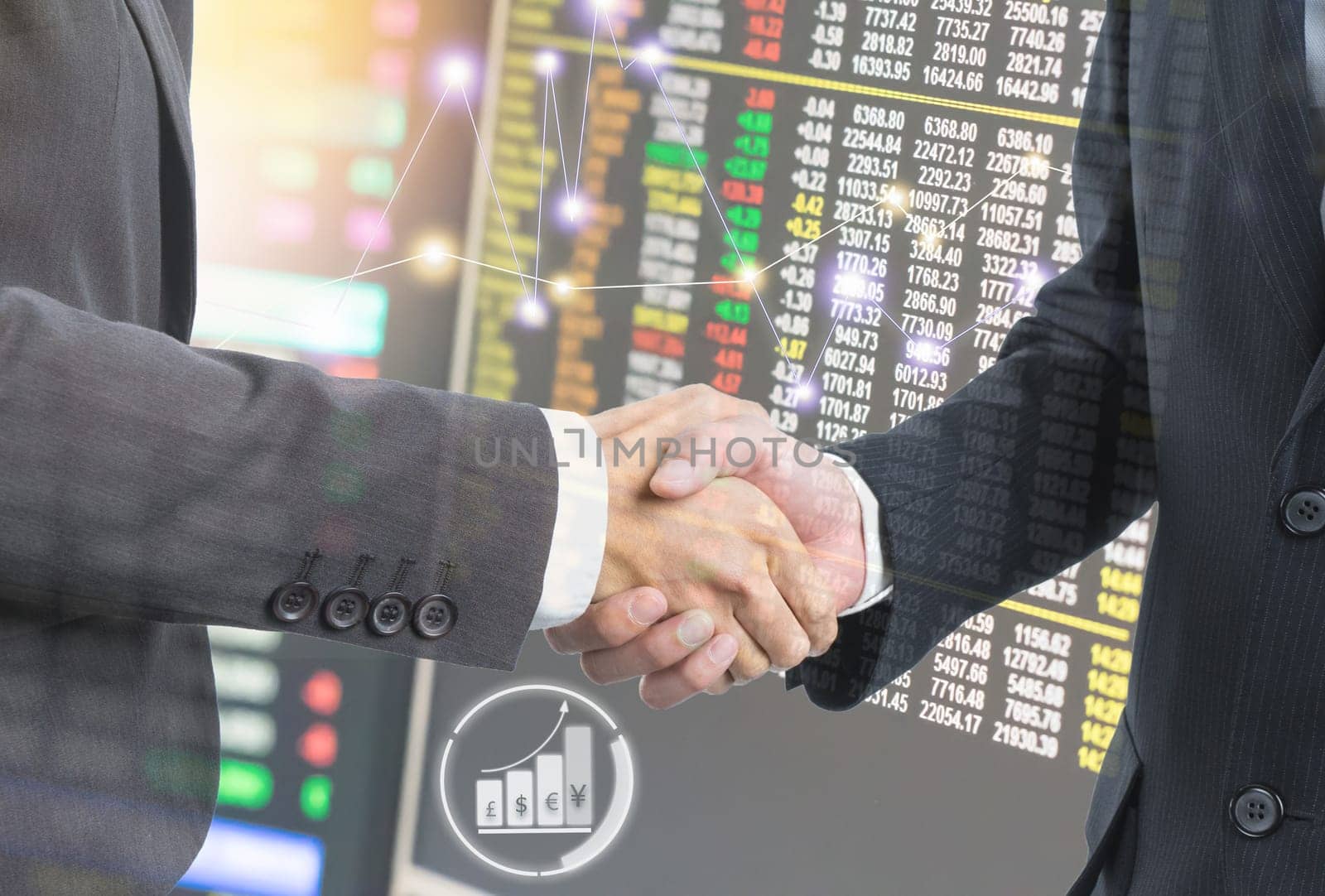 Double exposure of Business people hand shake for investment stock market concept