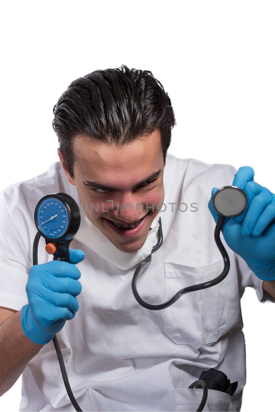 Expressive character of a crazy doctor with stethoscope. Isolated on a white background.