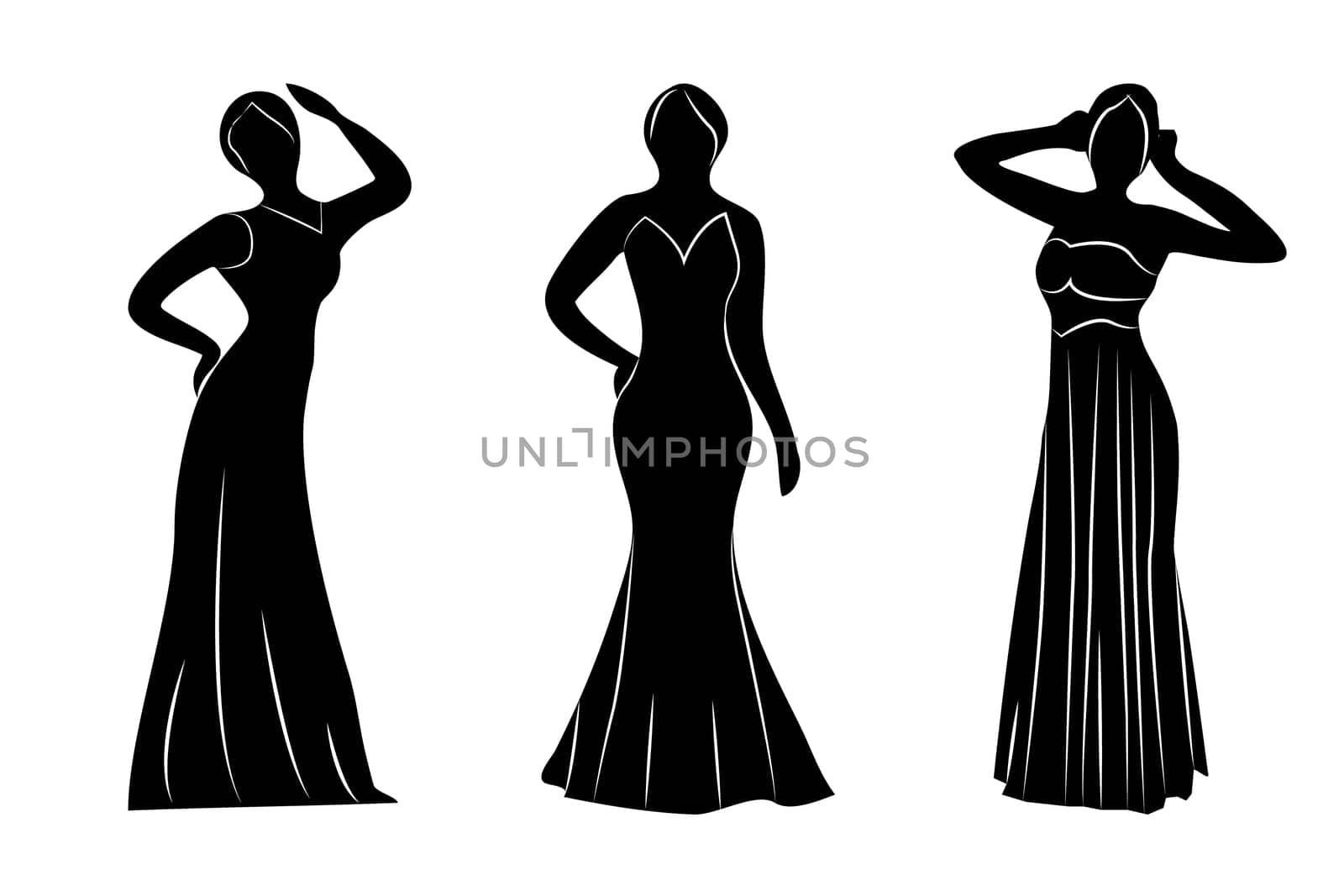 Young wemwn a evening gowns silhouettes vector illustration isolated