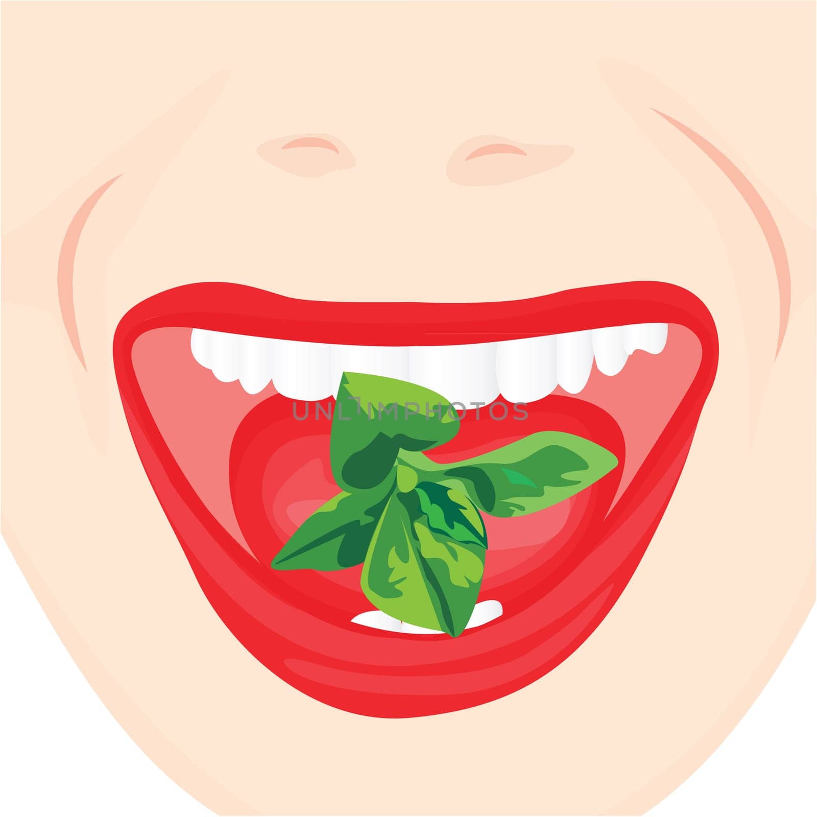 Mint leaves in a mouth. Oral hygiene for good and fresh breathe. Fighting bad breath concept