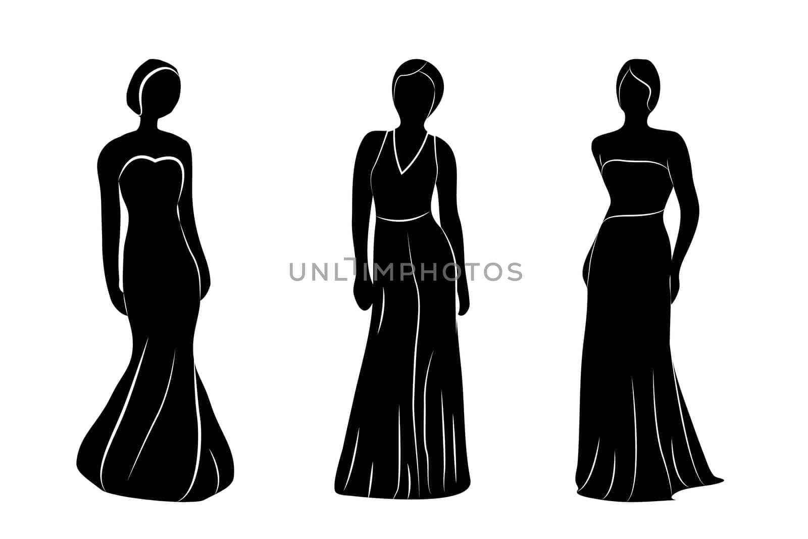 Young wemen in evening dresses silhuettes vector illustrations