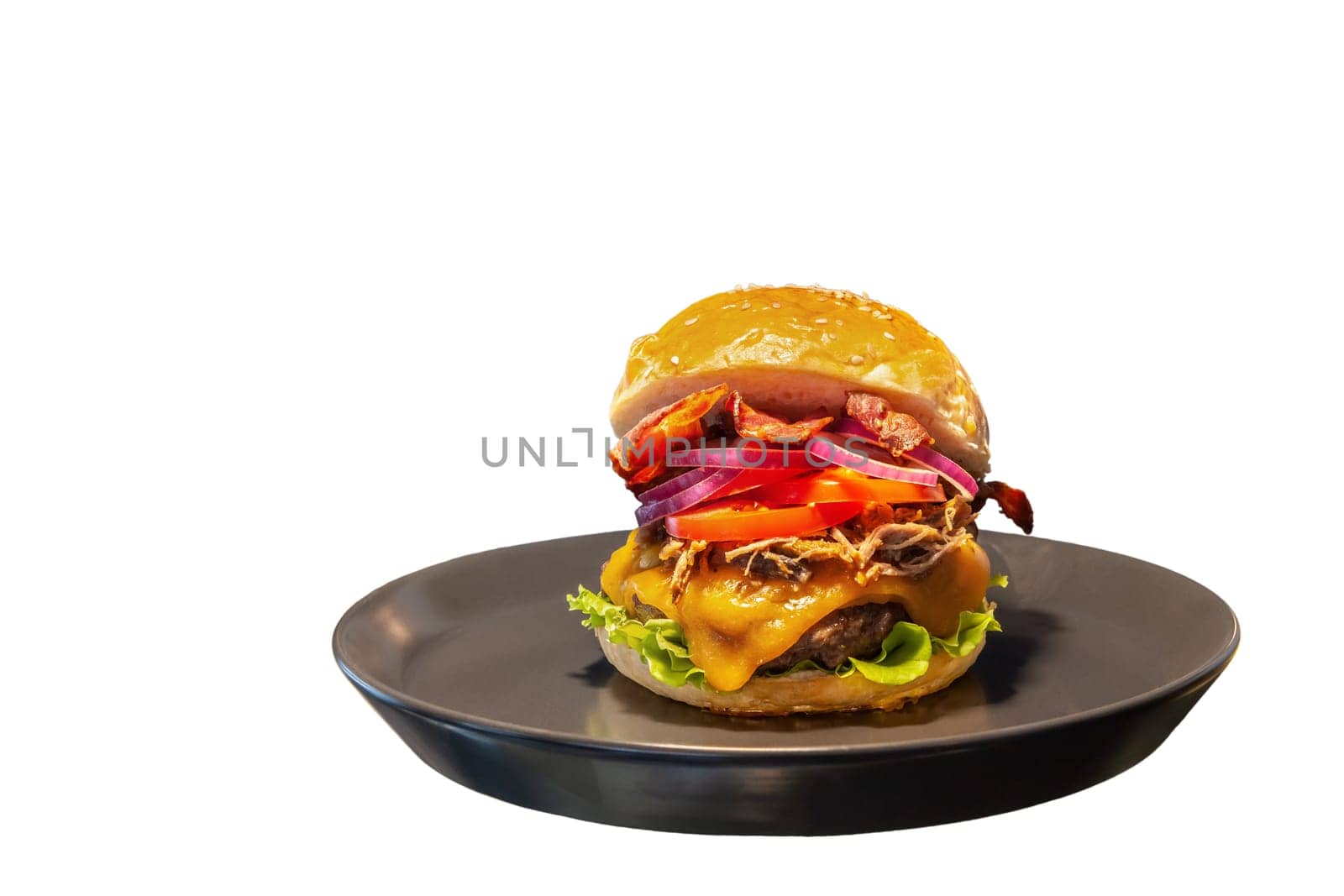 Close-up of home made tasty burgers on plate in restaurant on white background isolated