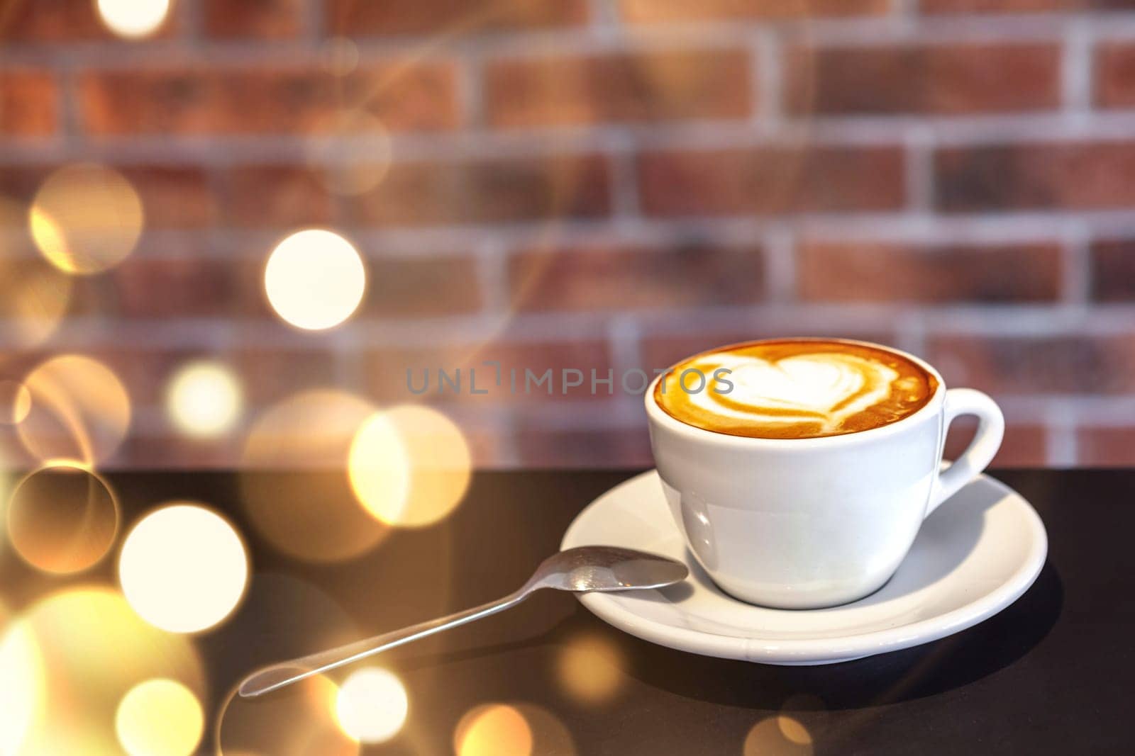 A cup of coffee on a with heart, valentines day, red wall, restaurant photo