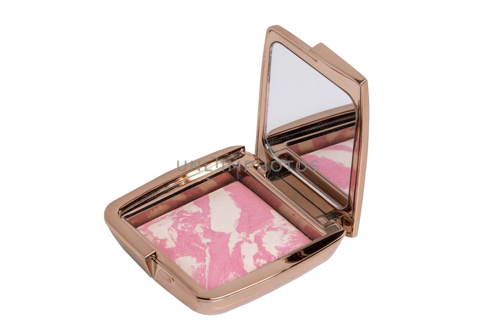 Cosmetic products isolated. Closeup of a elegant cosmetic box with cheek or face powder. Make-up isolated on a white background. Macro from a blusher or bronzer.