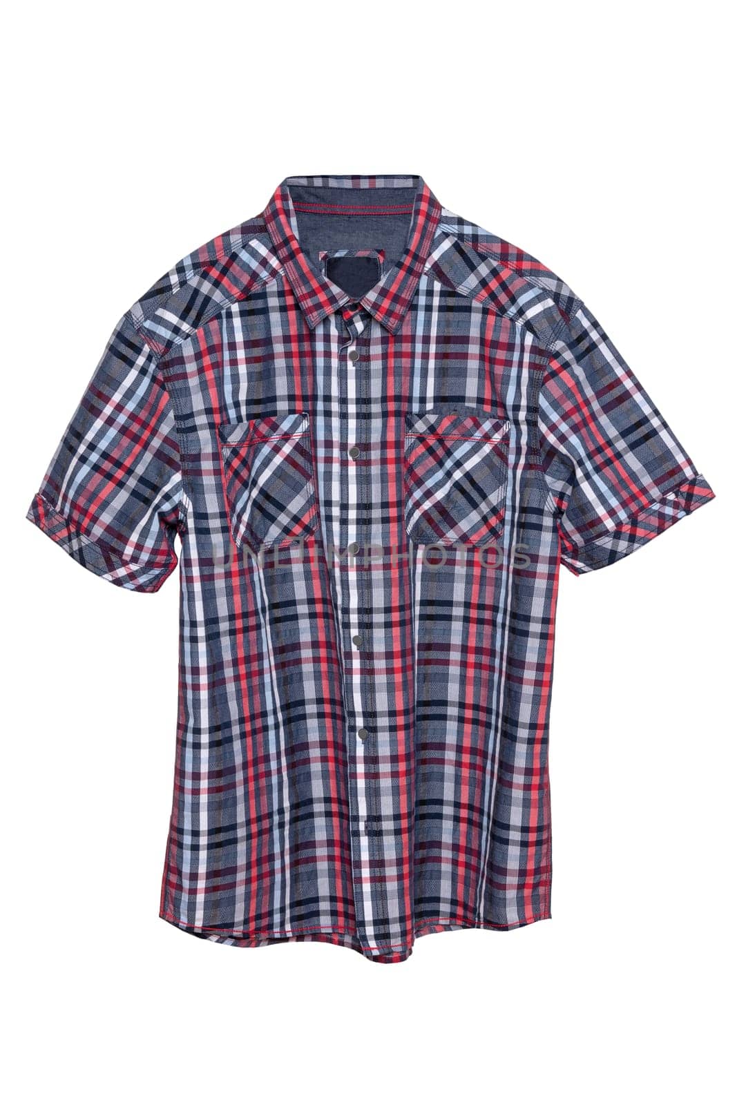 Checked shirts. Close-up of a red black and white tartan or plaid shirt for mens isolated on a white background. Summer fashion of mans clothes.