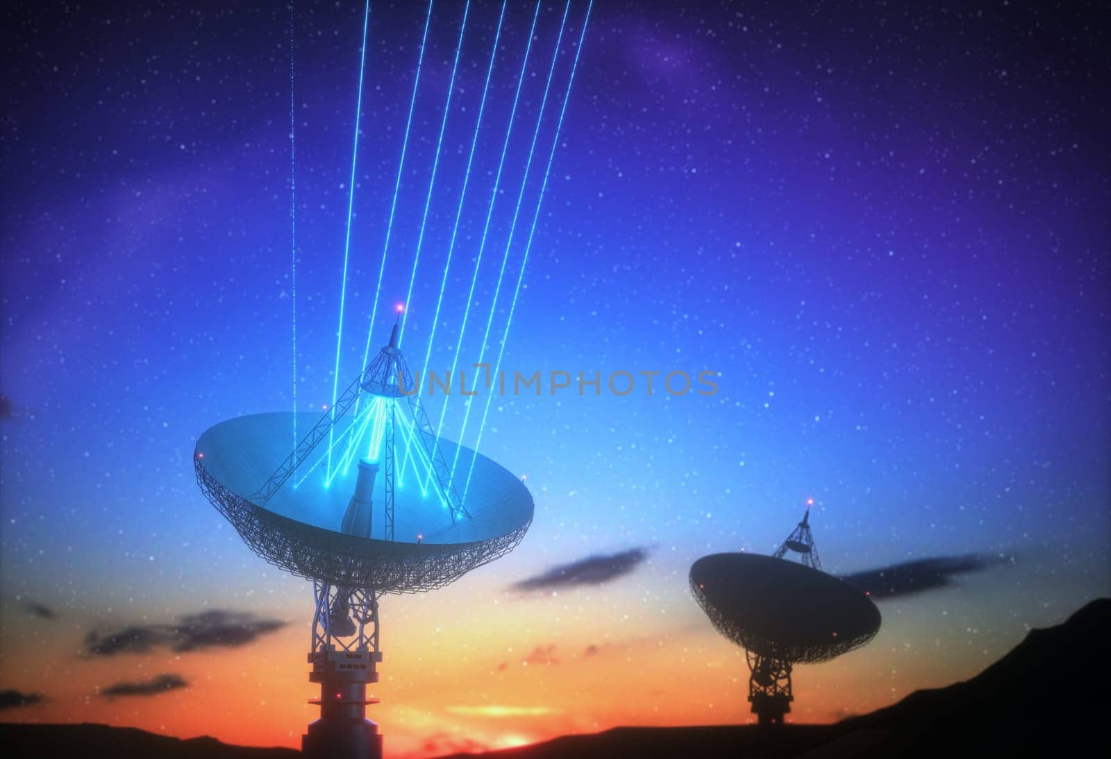 Huge satellite antenna dish for communication and signal reception out of the planet Earth. Observatory searching for radio signal in space at sunset. 3D illustration.
