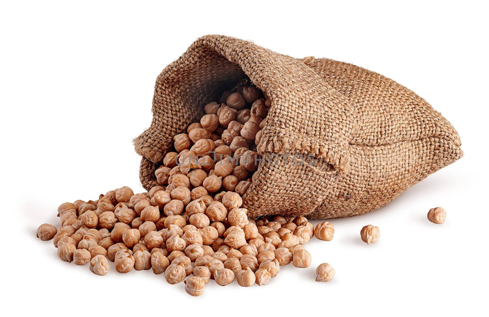 Chickpea spill out of the sack isolated on white background
