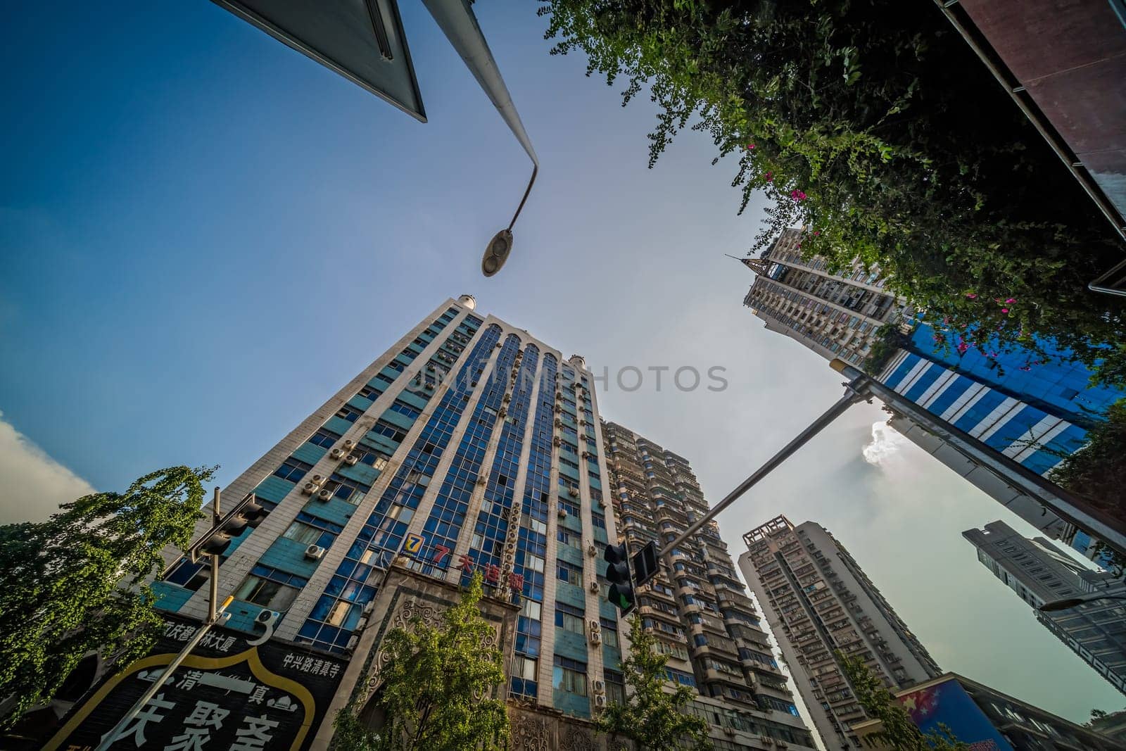 Chongqing, China -  August 2019 : Tall highrise residential buildings in the Jiefangbei district in the downtown of Chongqing city