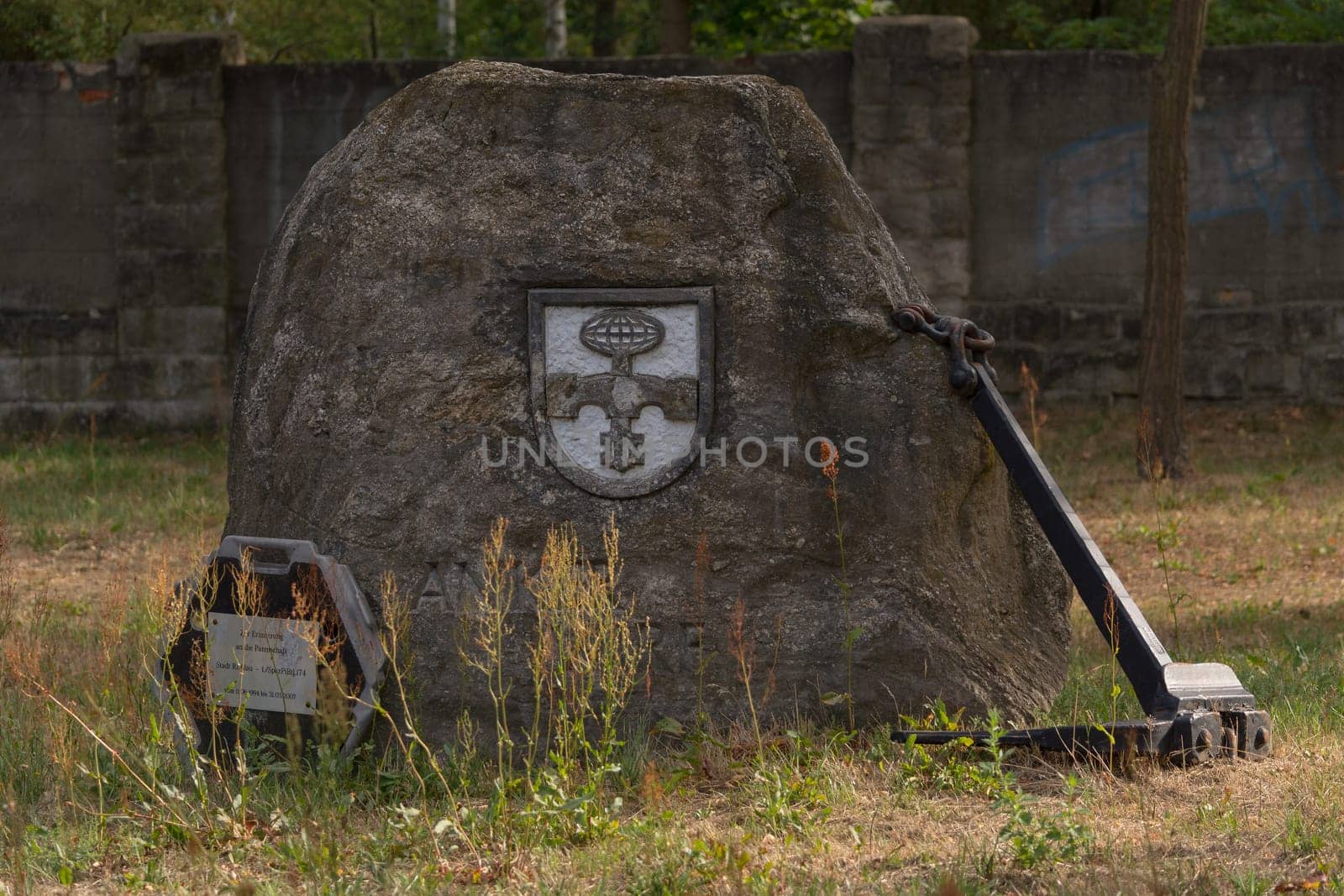 ROSSLAU, GERMANY - AUGUST 05, 2018:.Rosslau, Germany - August 05, 2018:..Memorial Kaserne Roßlau. Memorial stone commemorating the sponsorship of the city of Roßlau to 1 Spez / Bi Btl 174