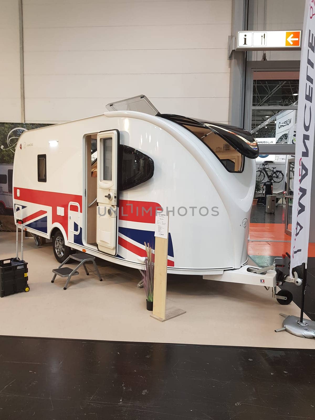 DUESSELDORF, NRW, GERMANY - SEPTEMBER 04, 2019:.Duesseldorf, Nrw, Germany - September 04, 2019:..Motorhomes and campers for sale or rent at an exhibition. Concept freedom, family vacation trip, holiday trip with camper.