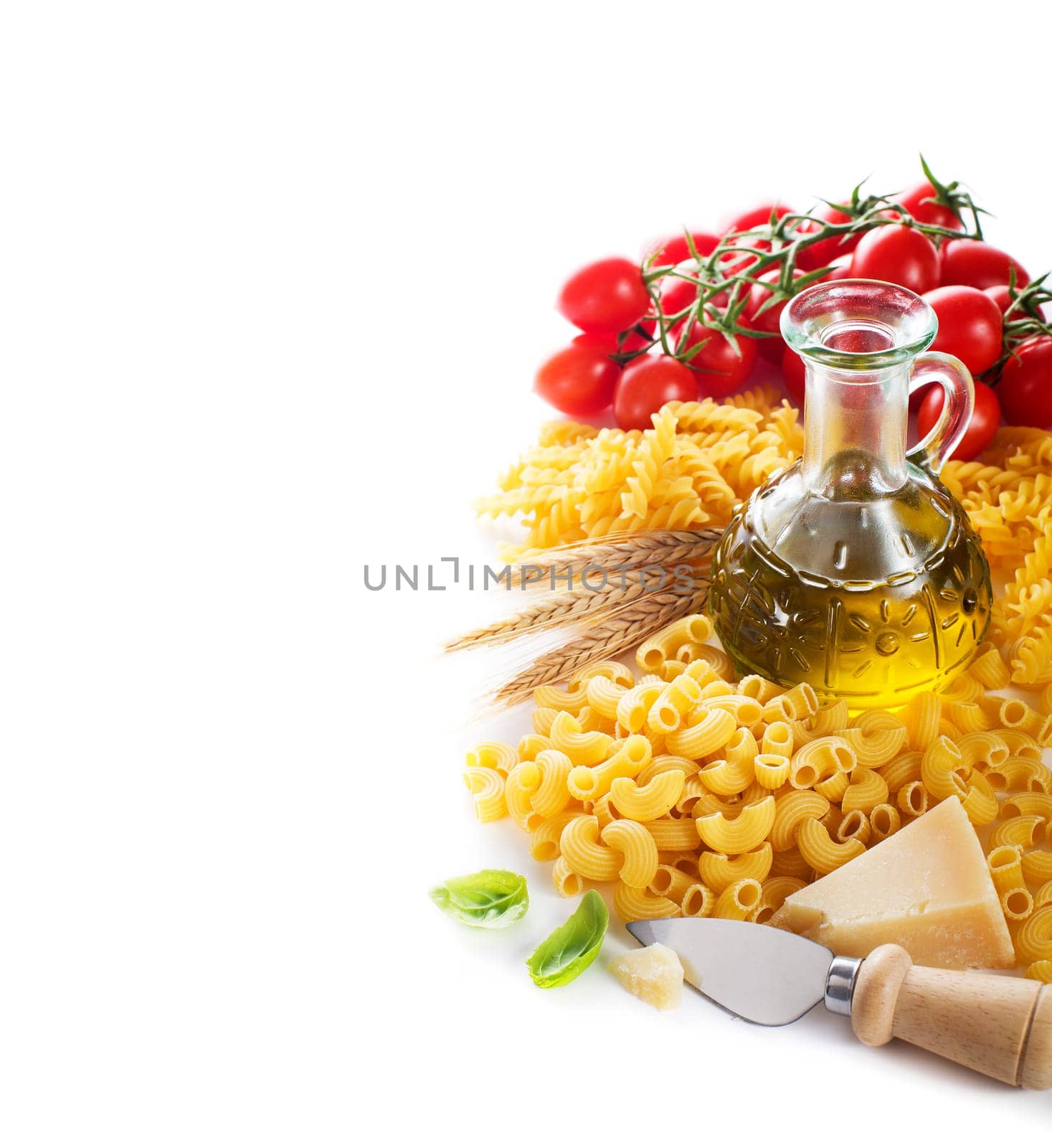 Pasta and tomatoes with parmesan on white background