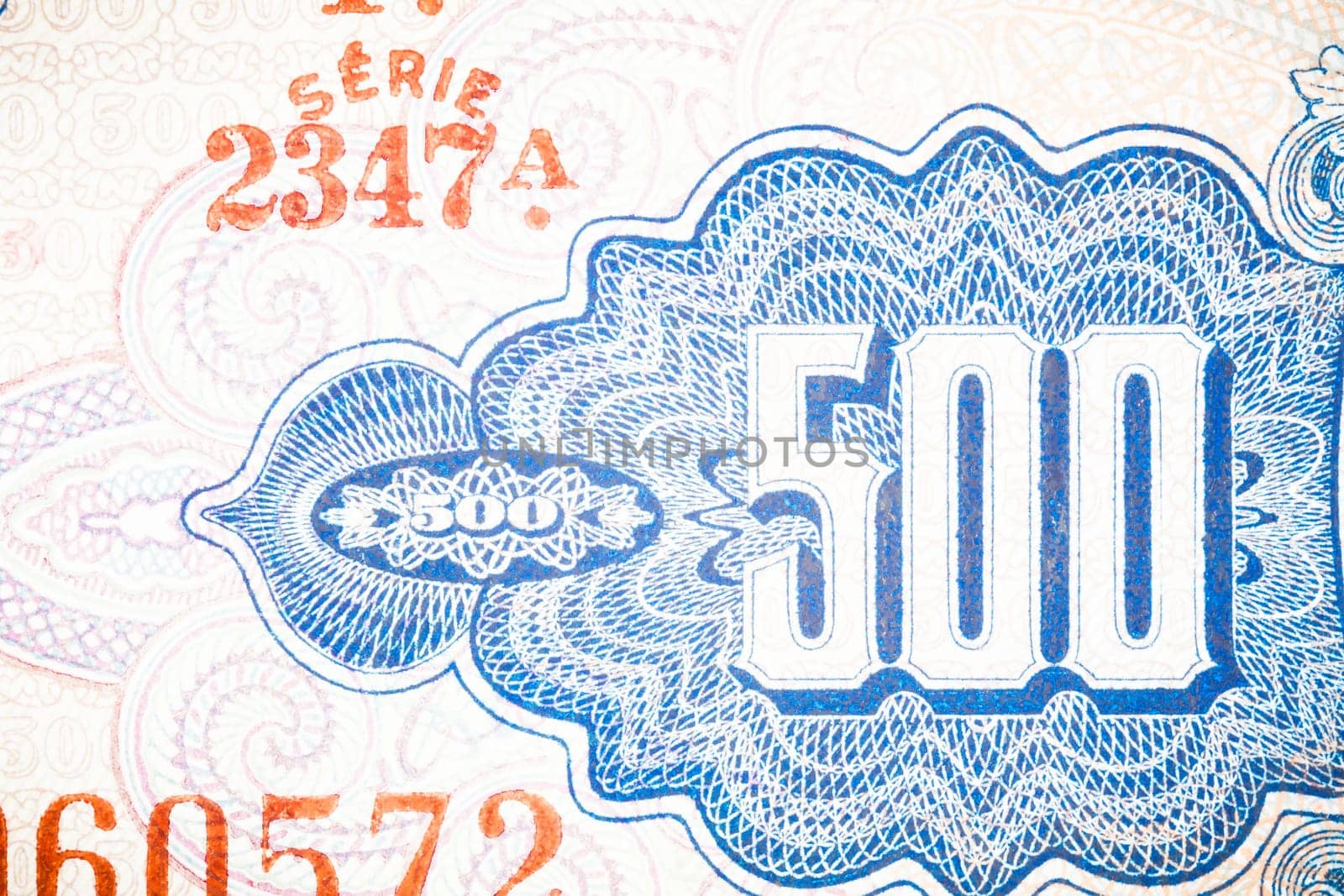 Blue five hundred Bill. Particular of a old Brasilian Banknote