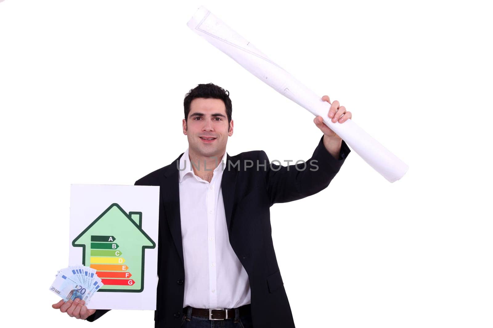 handsome architect showing blueprints