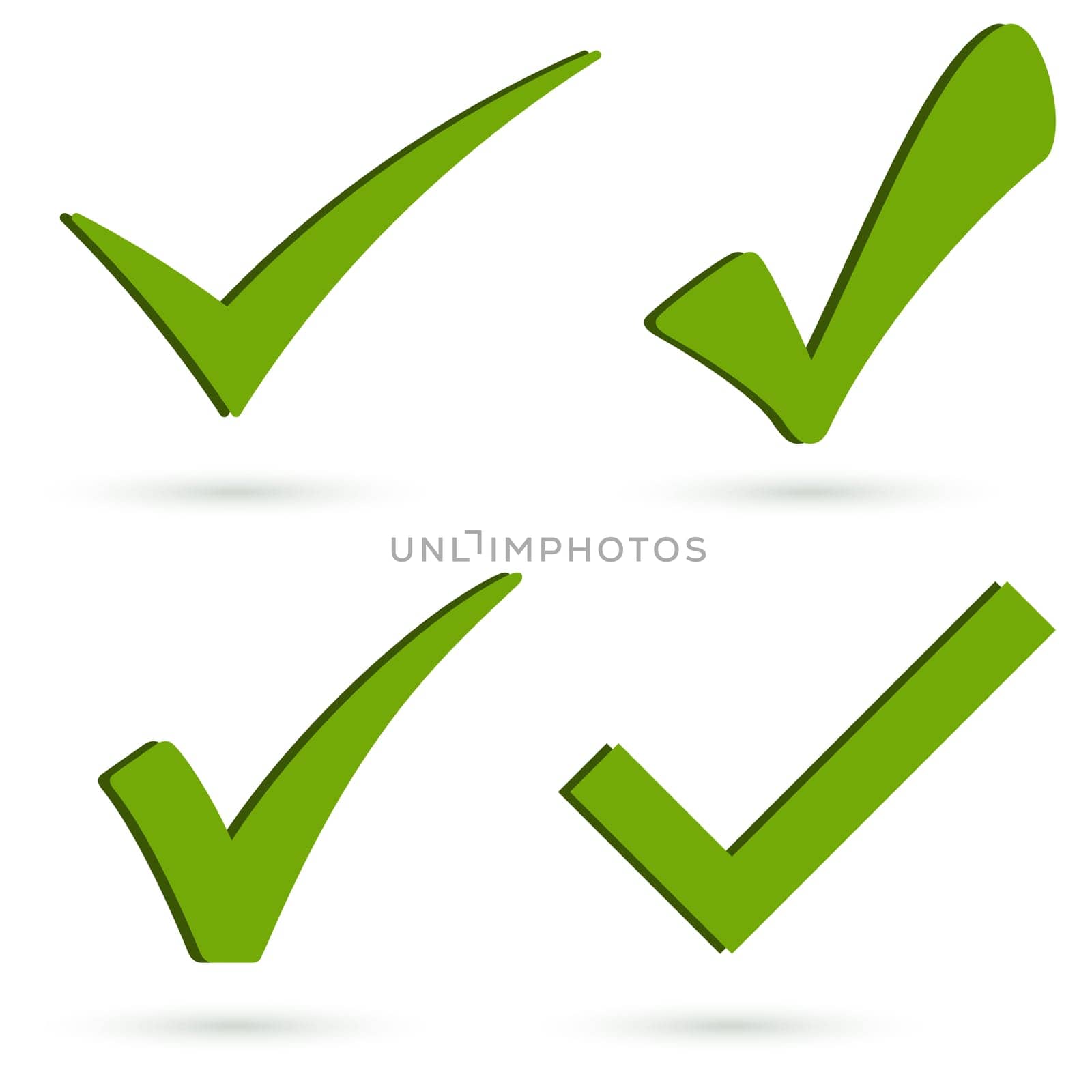 collection of four different green success checkmarks with shadow