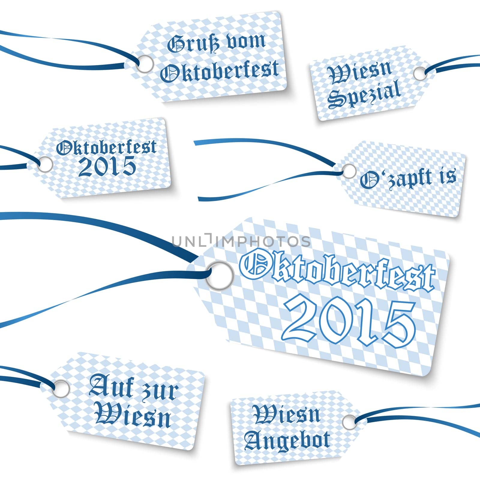 collection of Oktoberfest hangtags with blue-white checkered pattern and different text