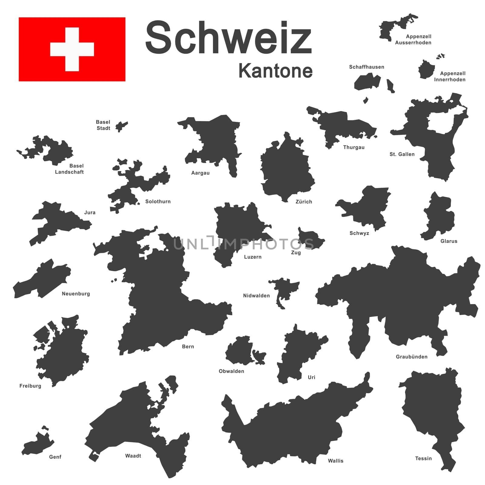 silhouettes of country Switzerland and all cantons