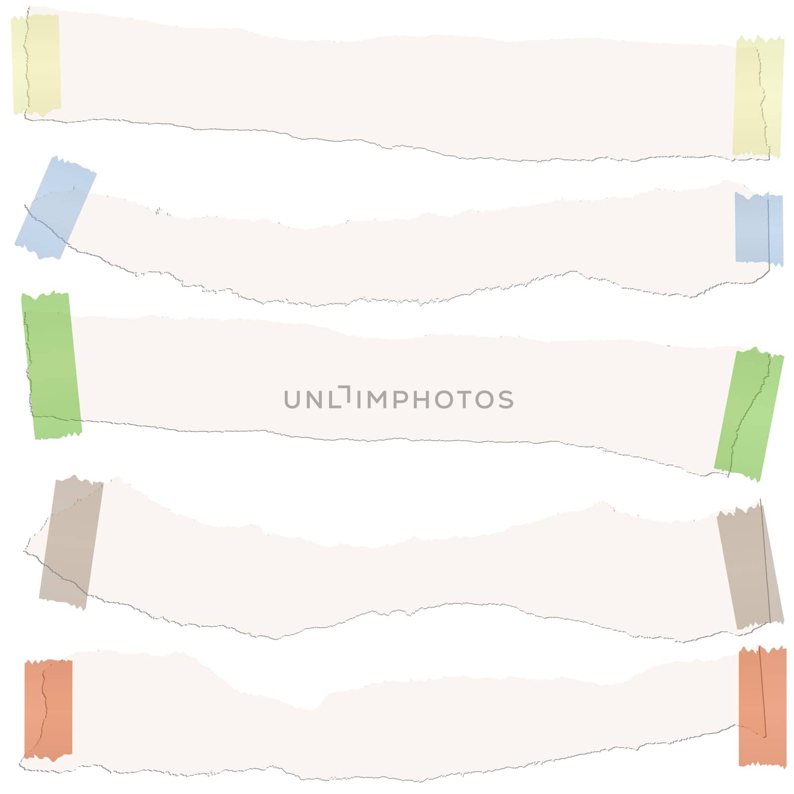 collection of five white colored scraps of papers with adhesive strips