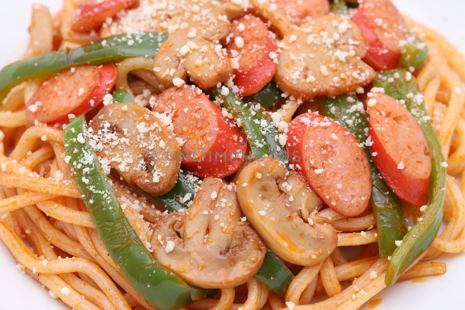 Close up of Japanese Naporitan spaghetti with tomato sauce