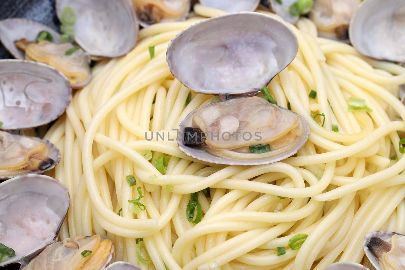 Close up of Vongole spaghetti in a dish