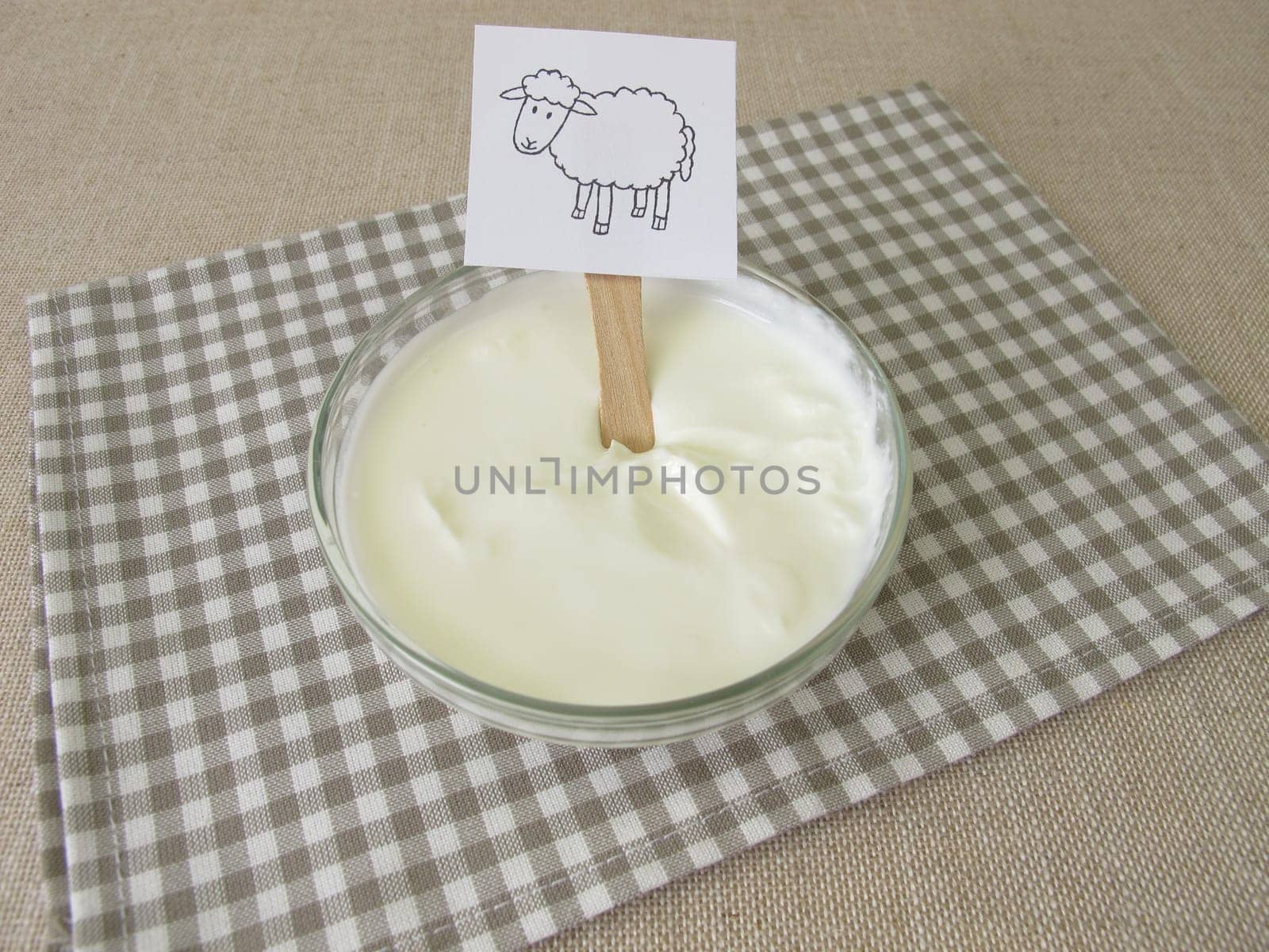 Fresh sheep quark, farmer cheese from the sheep in a glass bowl
