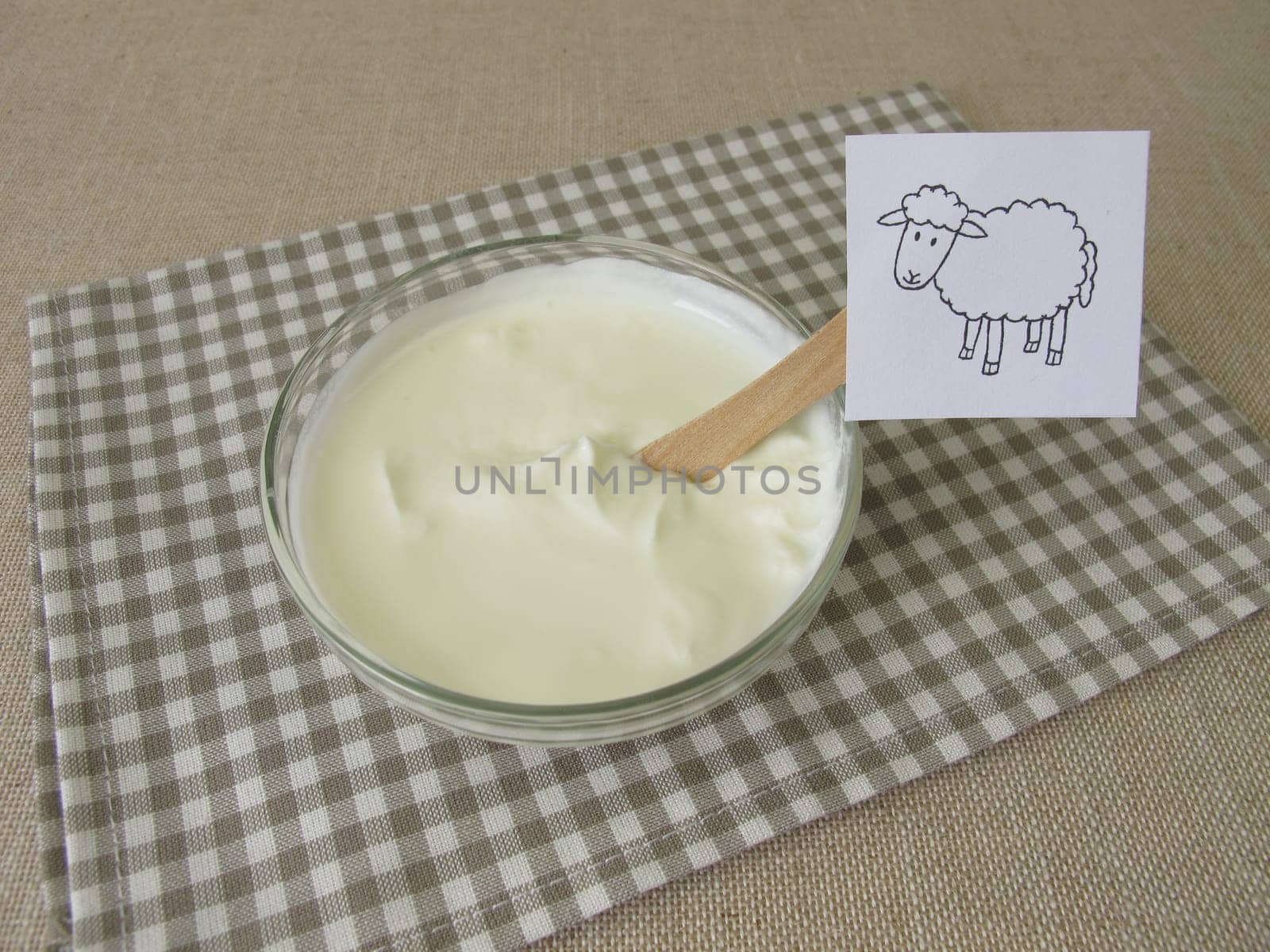Fresh sheep quark, farmer cheese from the sheep in a glass bowl