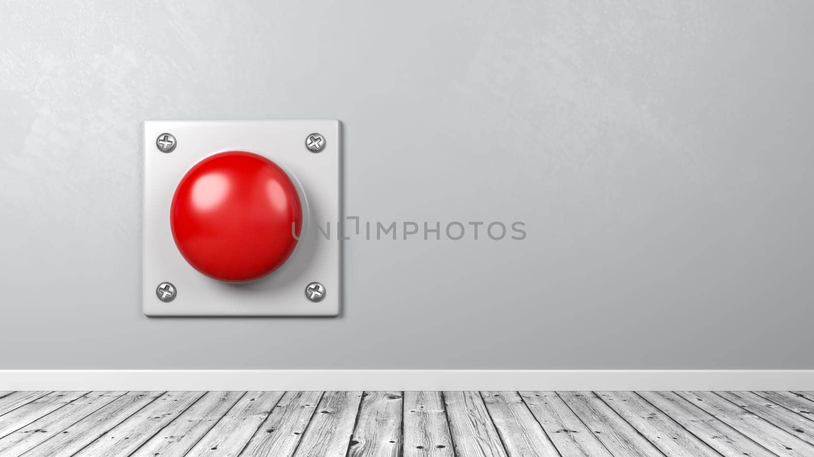Red Button Against Gray Wall in the Room with Copy Space 3D Illustration