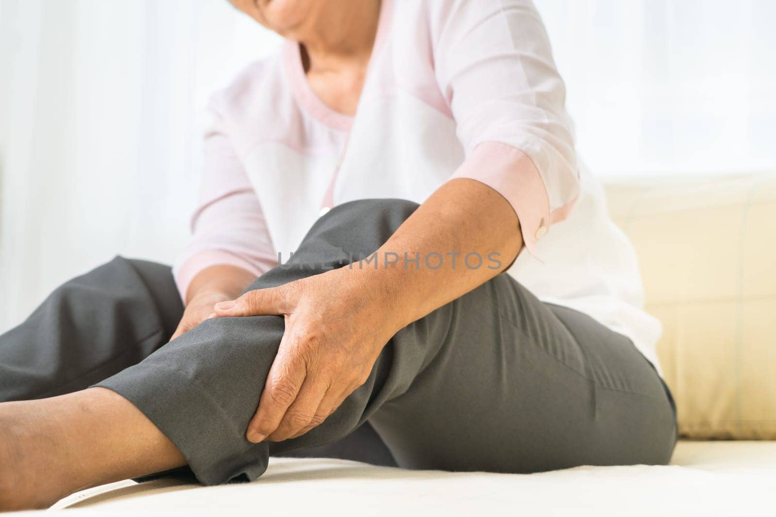 leg pain of senior woman at home, healthcare problem of senior concept