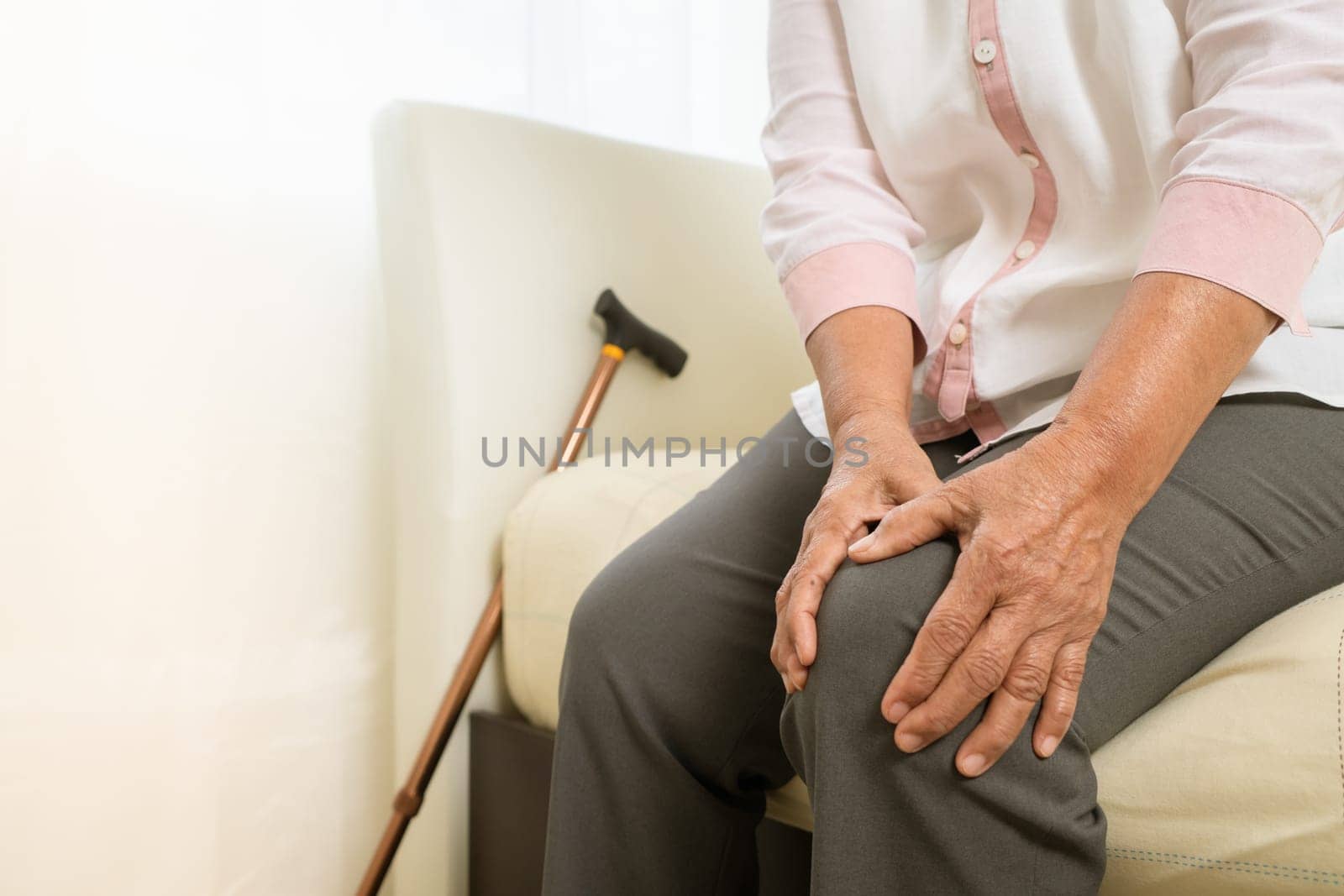 Knee pain of old woman at home, healthcare problem of senior concept