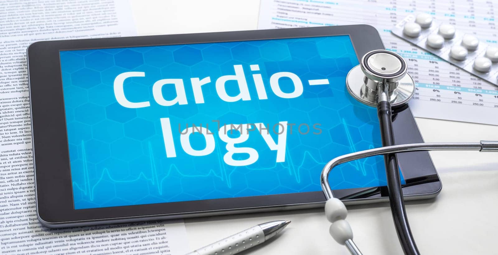 The word Cardiology on the display of a tablet