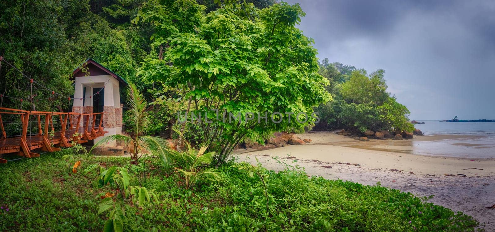 Footbridge at Penang national park at rainy day, Malaysia. Panorama