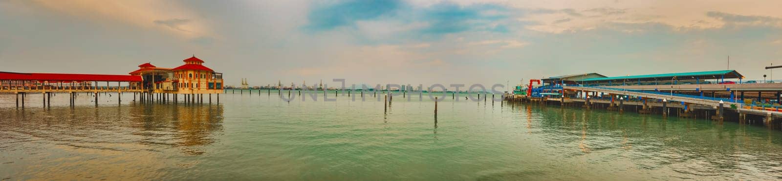 Georgetown coastline at sunset time, Penang, Malaysia. Panorama